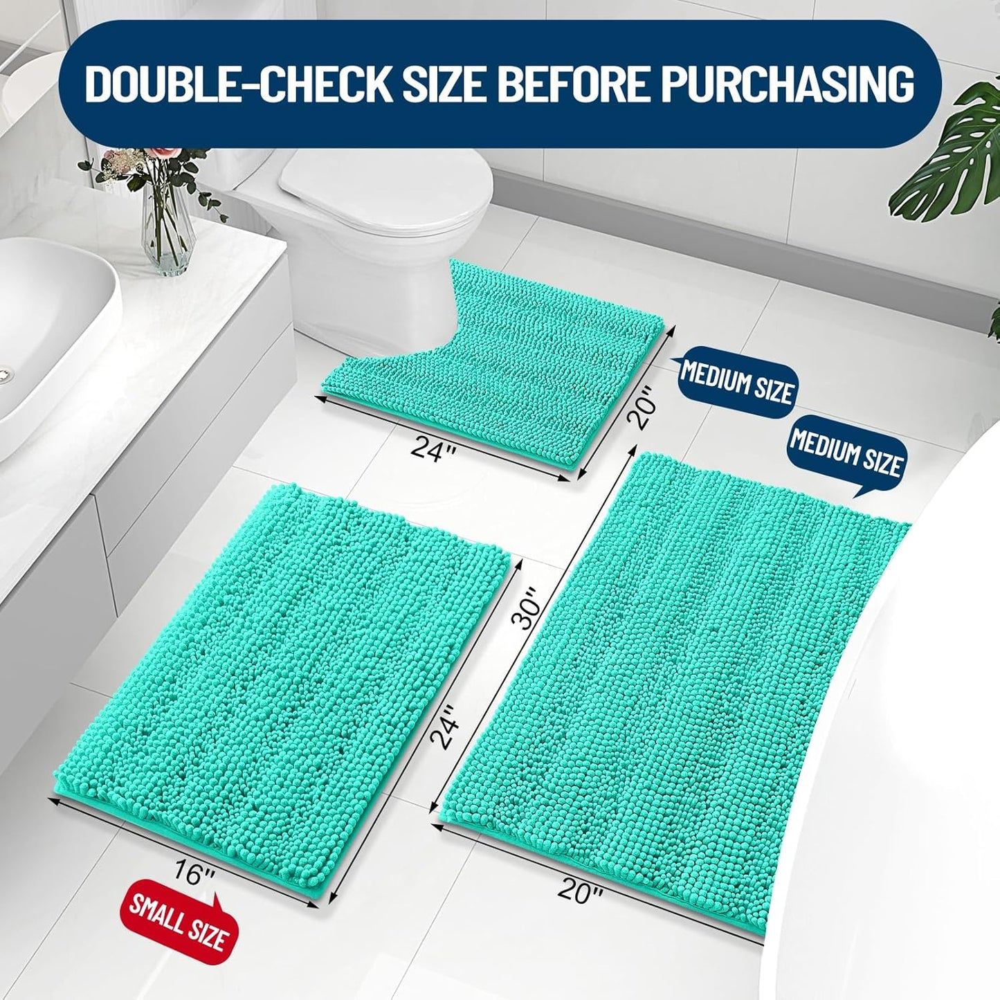 Grandaily Chenille Striped Bathroom Rugs 59x24, Extra Thick and Absorbent Bath Mats, Non-Slip Soft Plush Shaggy Shower Carpet, Machine Wash Dry, Bath Rug for Bathroom, Teal