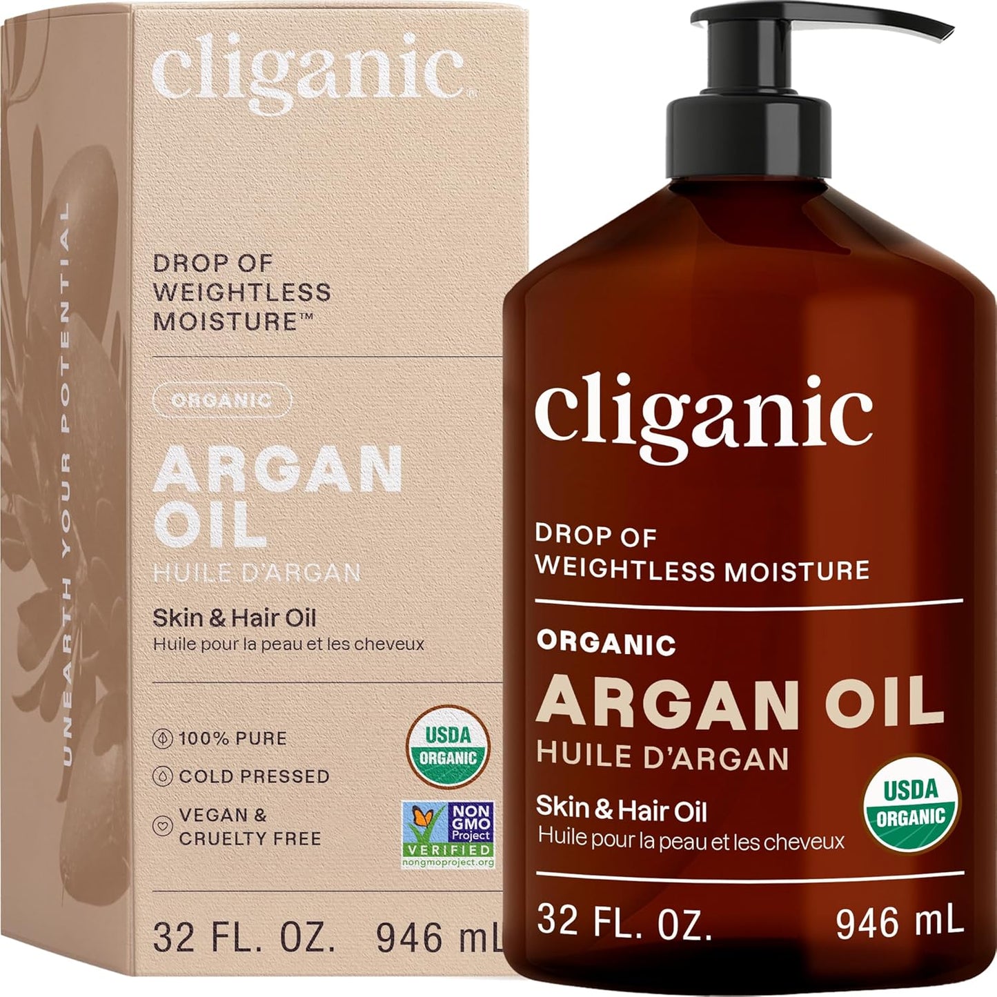 Cliganic Organic Argan Oil for Hair, Face & Skin (Bulk, 32oz with Pump) - 100% Pure, Cold Pressed