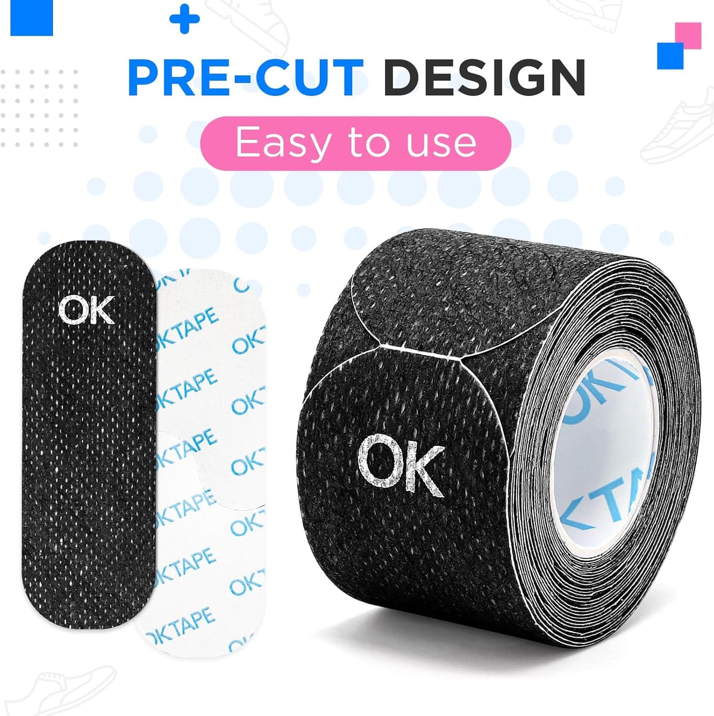 OK TAPE Pre-Cut Blister Bandages for feet | Blister Prevention Tape for Feet, Fingers, Toes | 1.2in x 3.5in,Black,40pcs