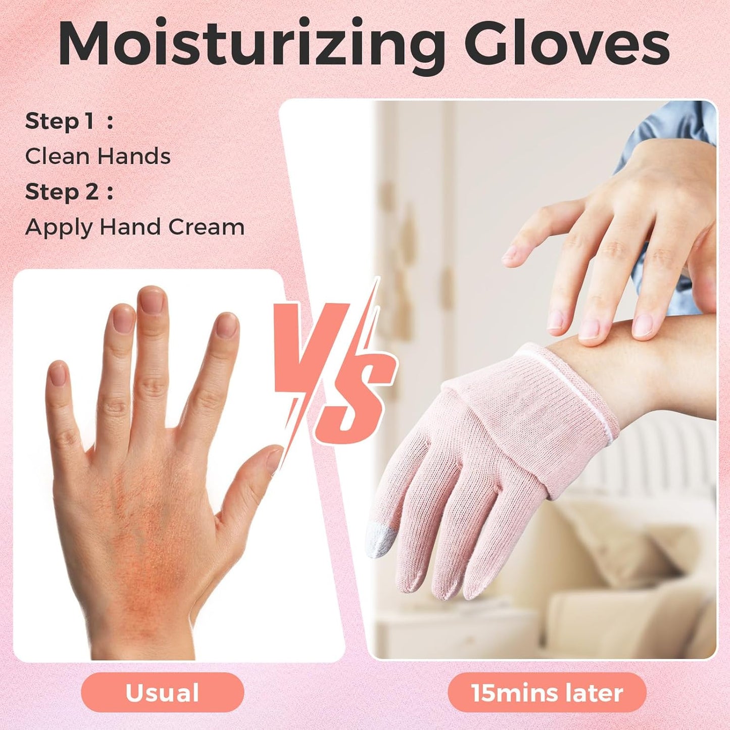 Donfri Cotton Moisturizing Gloves Overnight 2 Pairs Touchscreen Fingers for SPA Dry Hands Hand Care Day and Night Moisturizing (Small-Pink)