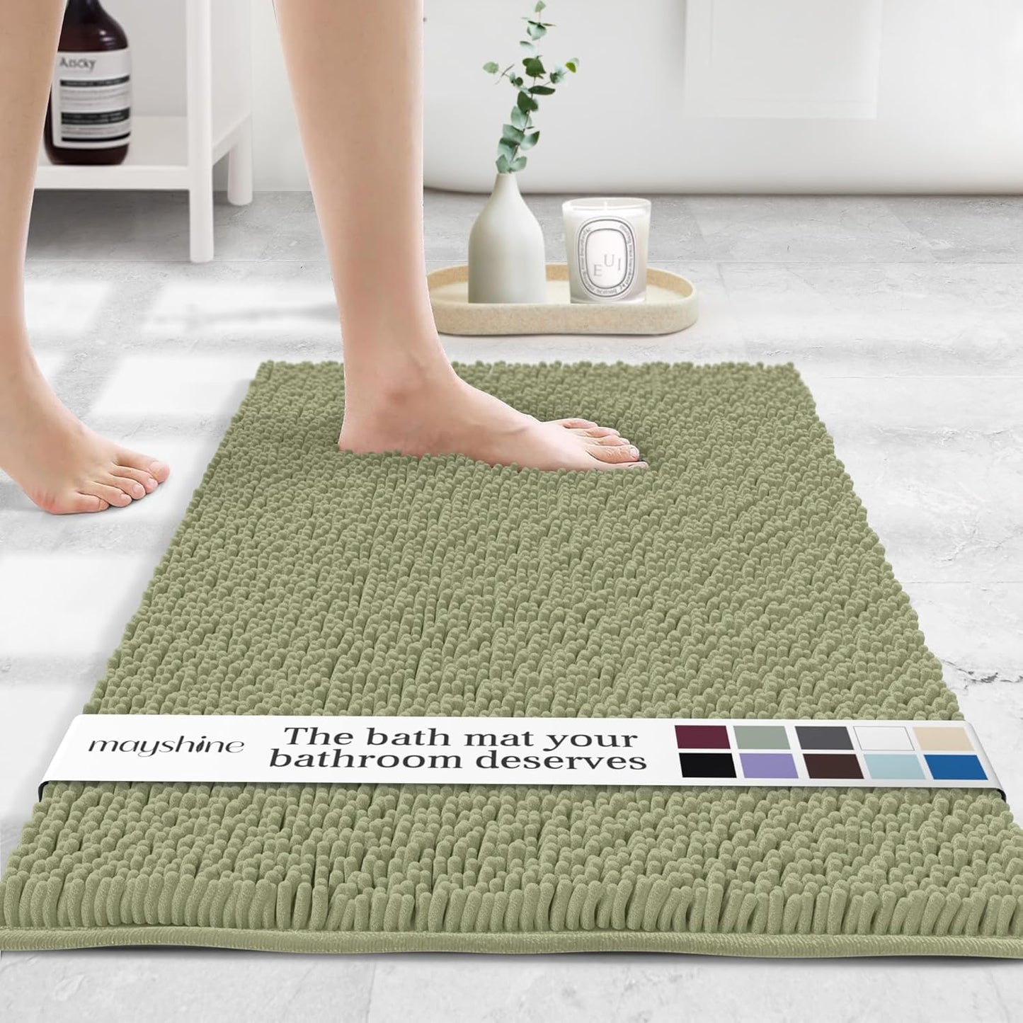 MAYSHINE Plush Shaggy Chenille Bath Mat | Extra Soft, Super Absorbent, Non-Slip Bathroom Rug | Fluffy Microfiber, Area Rug Sets for Bathroom Floor, Kitchen, Living Room | 23"x14" | Sage Green