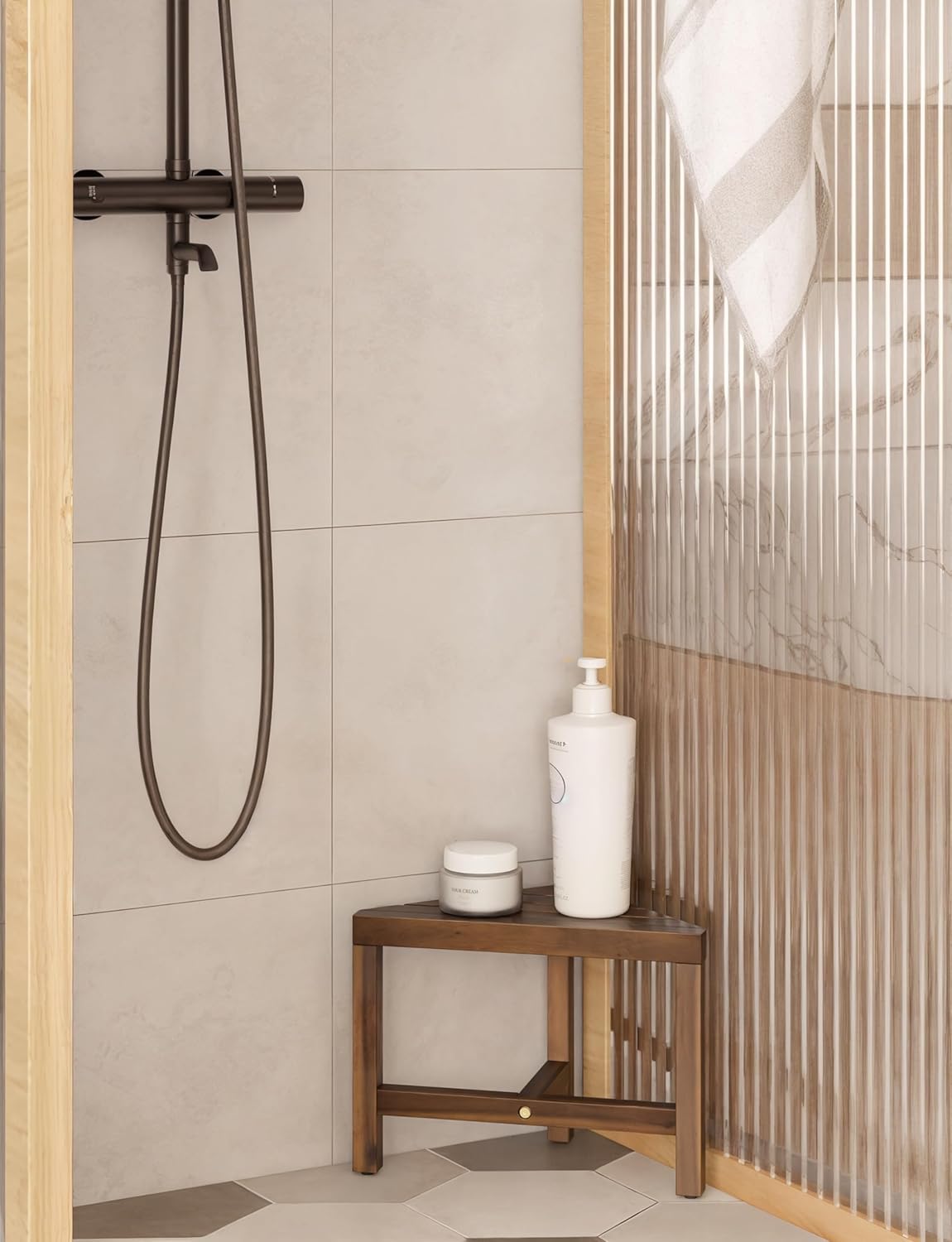 HOLANA Acacia Shower Foot Rest - Wooden Shower Stool for Inside Shower - Corner Shower Stool Seat & Bath Stool for Shaving Legs - Bath Step Stools Bench for Bathroom (Walnut, 16.5"x12"x12")