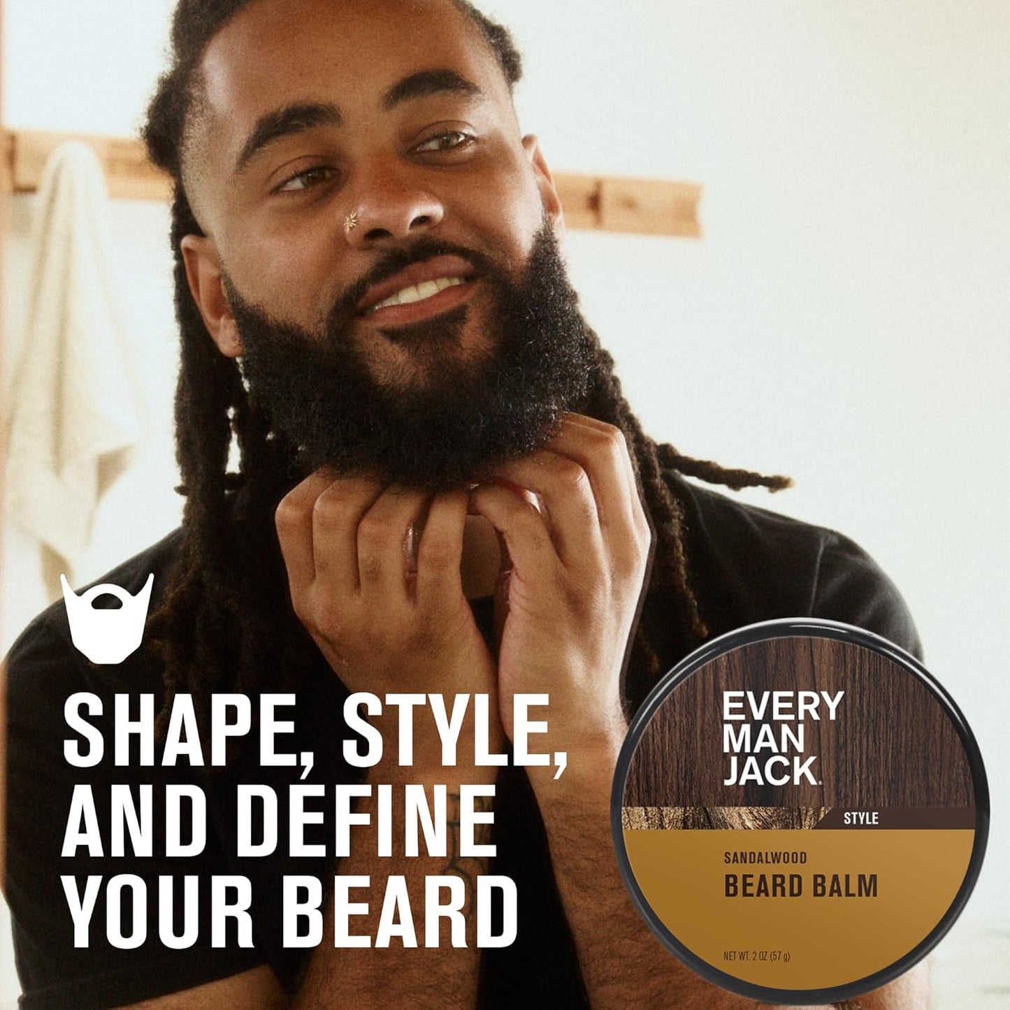 Every Man Jack Beard Balm - Moisturize, Strengthen And Style Your Beard w/Medium Hold - Light Sandalwood Scent - Made w/Naturally Derived Ingredients like Candelilla Wax and Shea Butter- 2oz