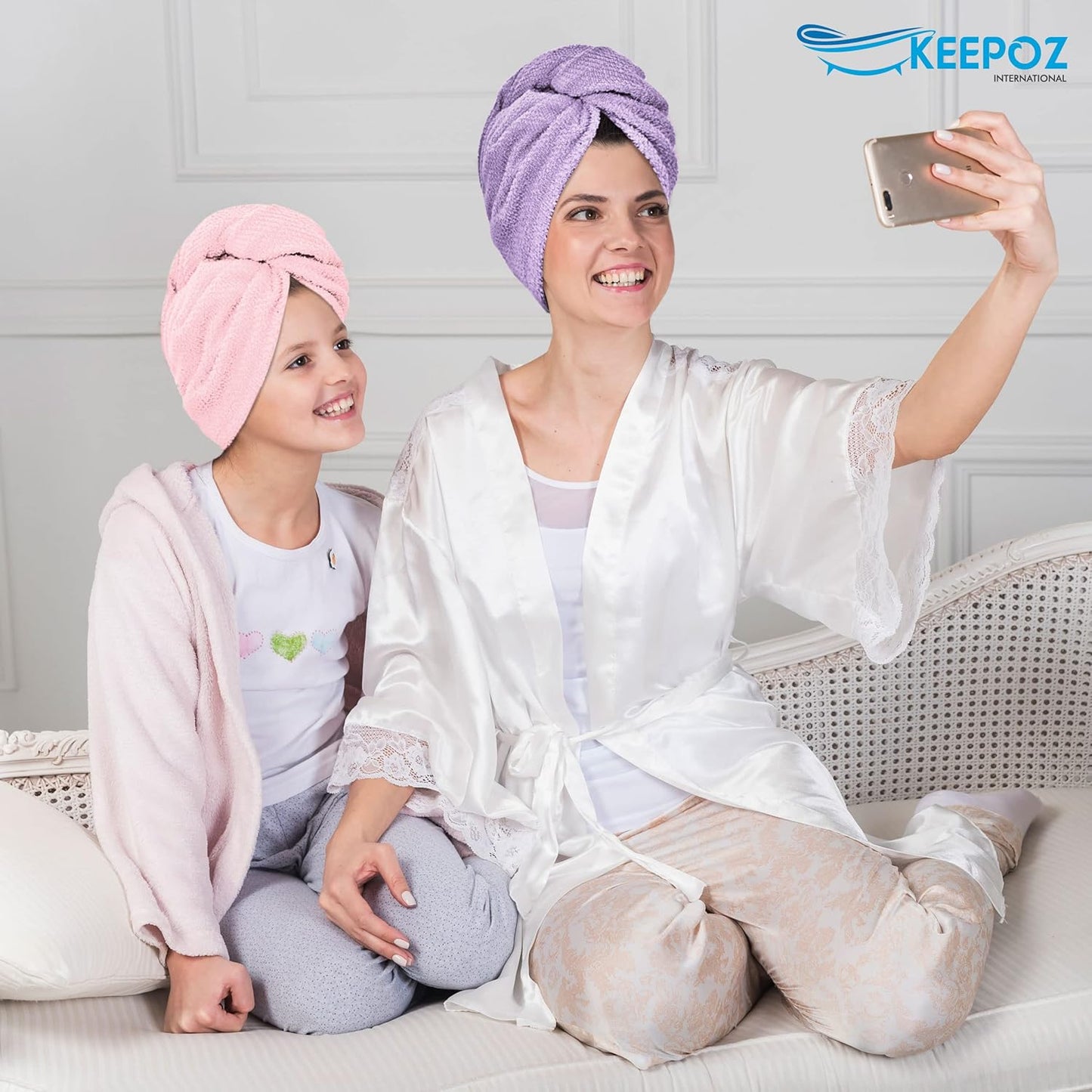 KEEPOZ Hair Towel Wrap Quick Dry 100% Cotton Super Absorbent Turban Head Wrap for Women with Button, Non Microfiber Anti Frizz Products, Hair Cap for Curly, Long (Lilac Pink Check, 2 Pcs)