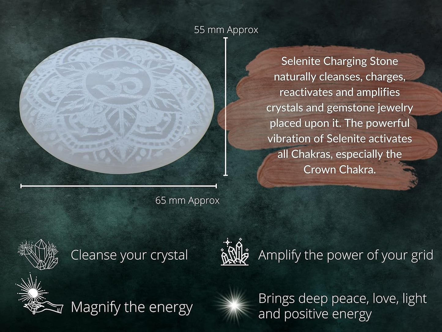 Amazing Gemstone Selenite Palm Stone - OM Engraved Hot Massage Worry Stone for Natural Body Chakra Balancing, Reiki Healing and Crystal Grid