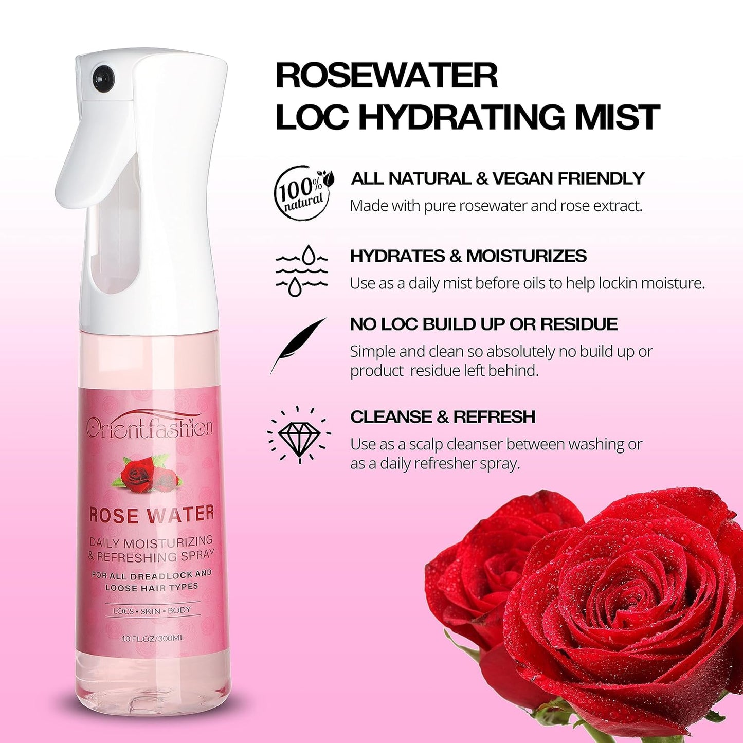 Orientfashion Moisturizing Refreshing Spray for Locs- Rose Water Hair Scalp Moisturizer, Castor Oil- Natural Loc Care and Maintenance (Rose, 10 Fl oz)