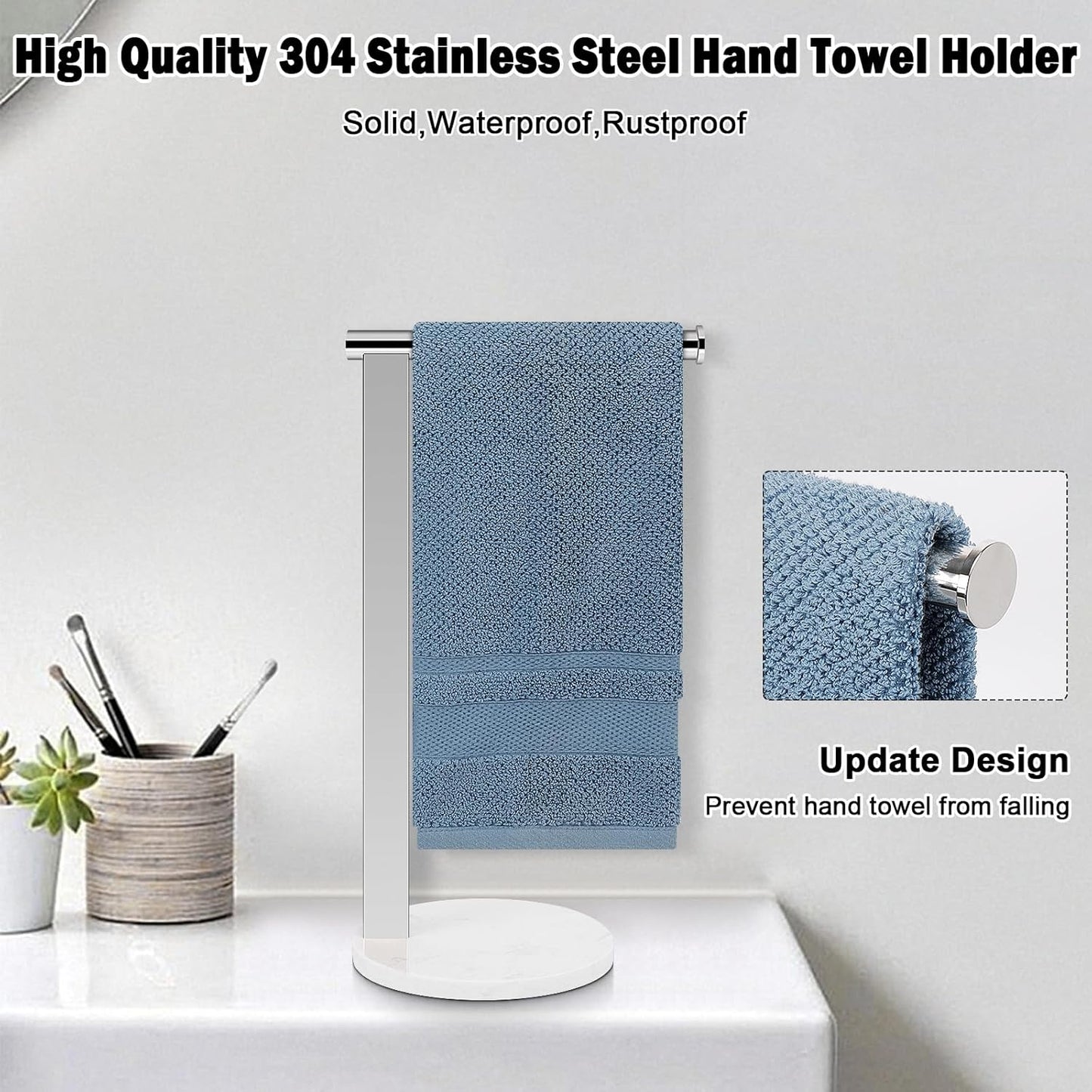 Stainless Steel L-Shaped Hand Towel Holder, SUS304 Bathroom Towel Rack with Thickened Base for Countertop Vanity (Chrome)
