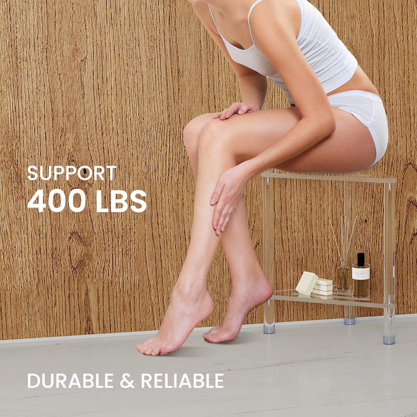 Acrylic Corner Shower Stool for Shaving Legs 11.42" D X 11.42" W X 17.91" H, Triangle Foot Rest With Storage Shelf, Heavy Duty, for Inside Shower