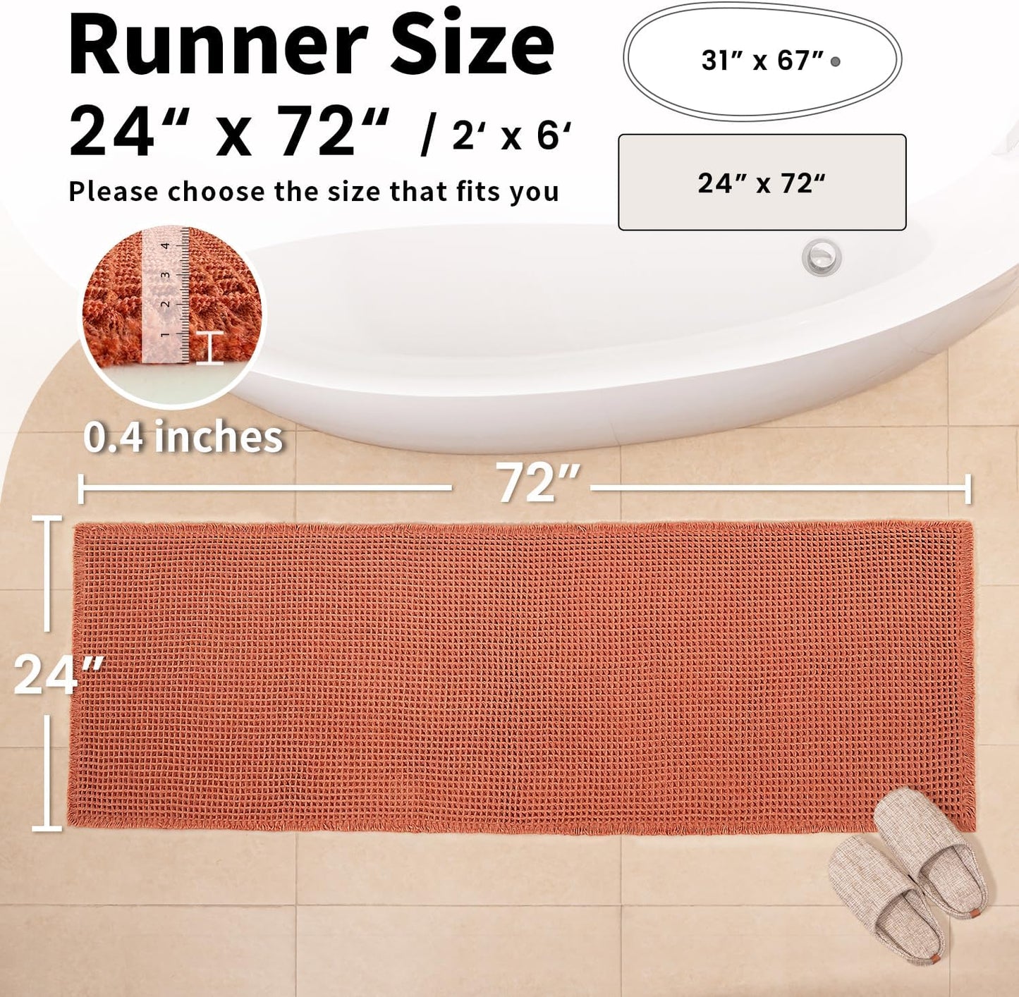Waffle Runner Bath Mat - Long Boho Bathroom Rugs Non Slip Washable, Super Absorbent & Quick Dry, Soft Bath Mat Farmhouse Bathroom Decor, 24'' x 72'', Dirty Orange