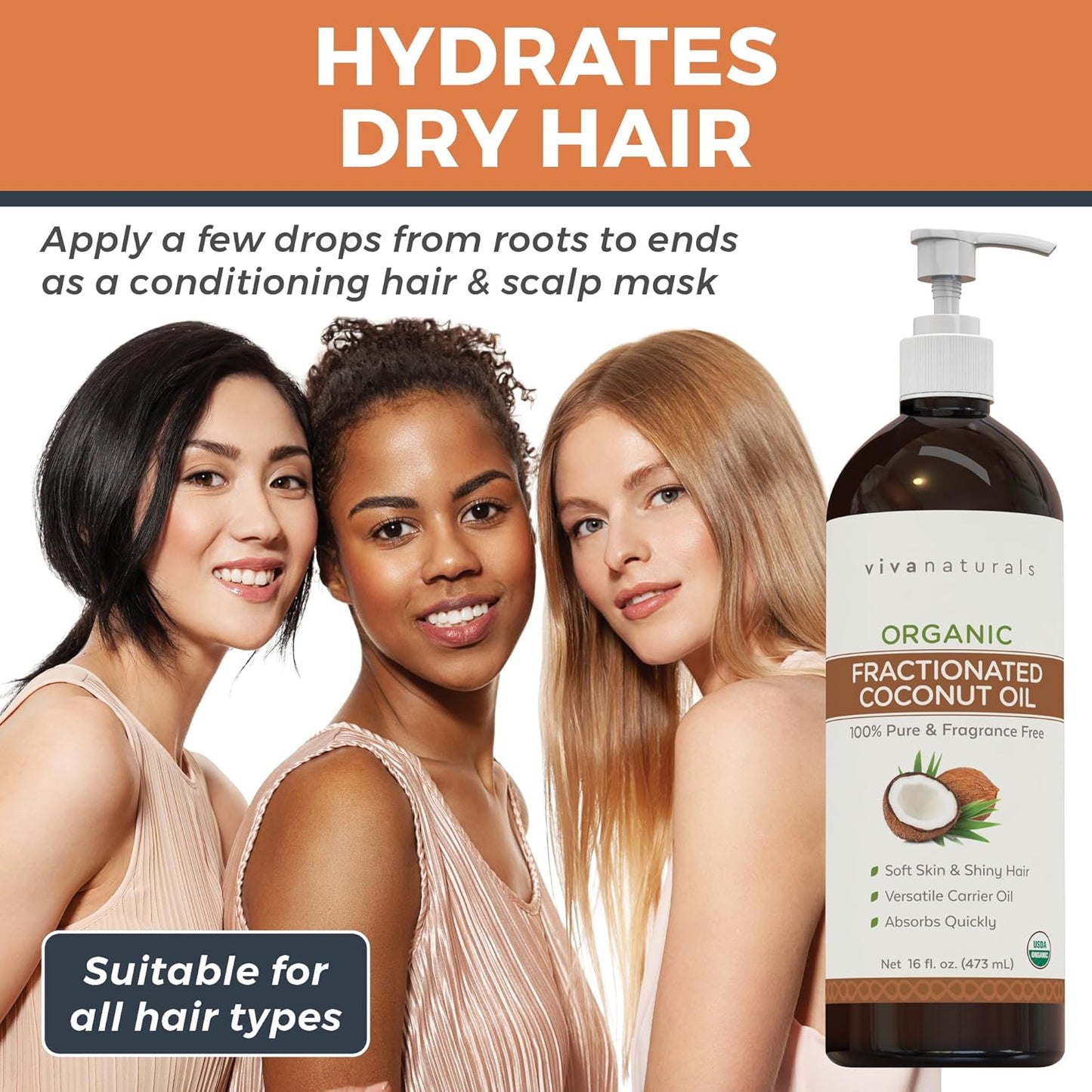 Viva Naturals Organic Fractionated Coconut Oil - Skin & Hair Moisturizer, Relaxing Massage and Body Oil, Carrier Oil for Essential Oils Mixing, Pure Non-Greasy Coconut Oil for Skin and Hair, 16 fl oz