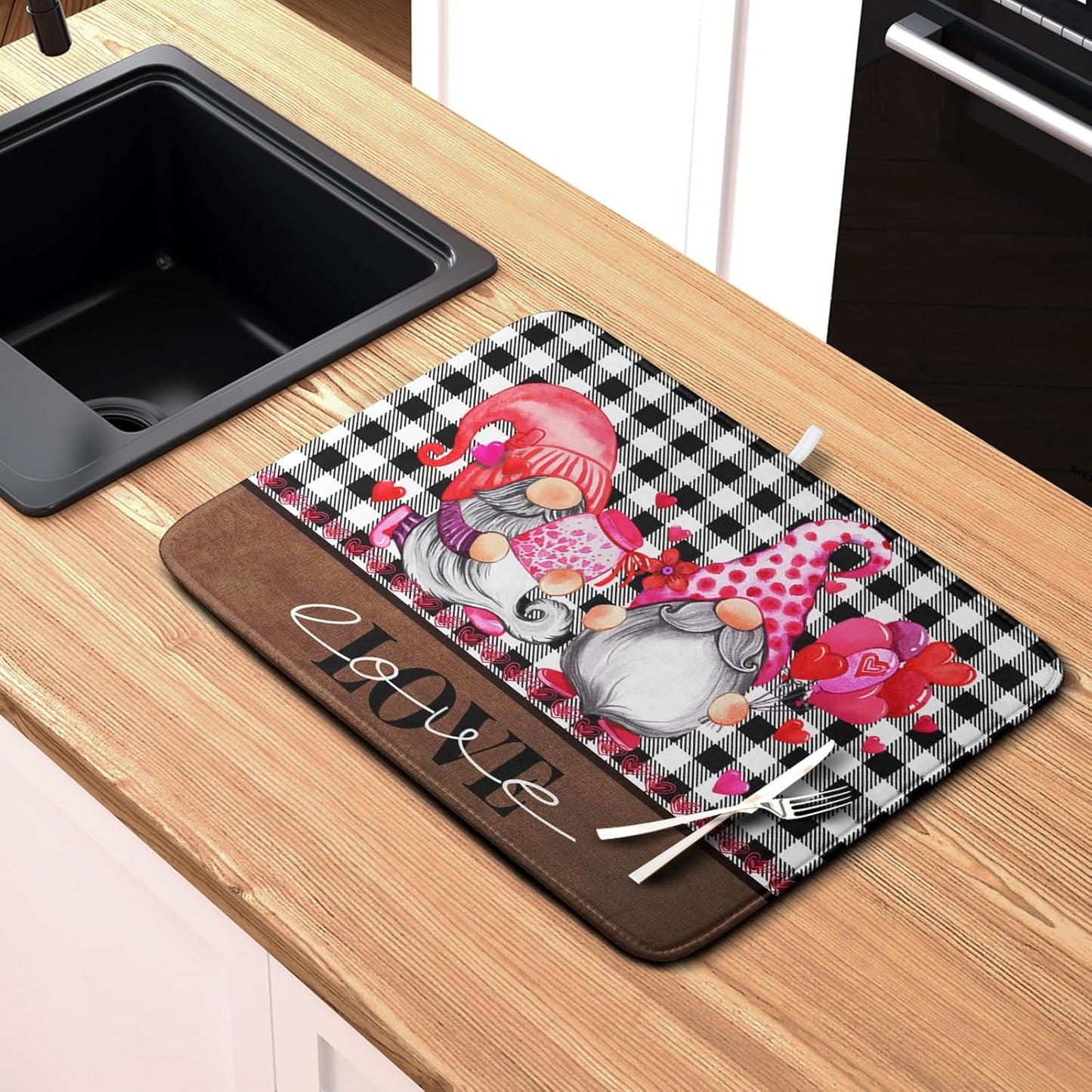 Valentine's Day Dish Drying Mats for Kitchen Counter, Gnome Love Kitchen Drying Mat, Buffalo Plaid Dish Drainer Mat Absorbent Quick Dry Dishes Pad 18 x 24 In - Farmhouse Decor Valentines Gift