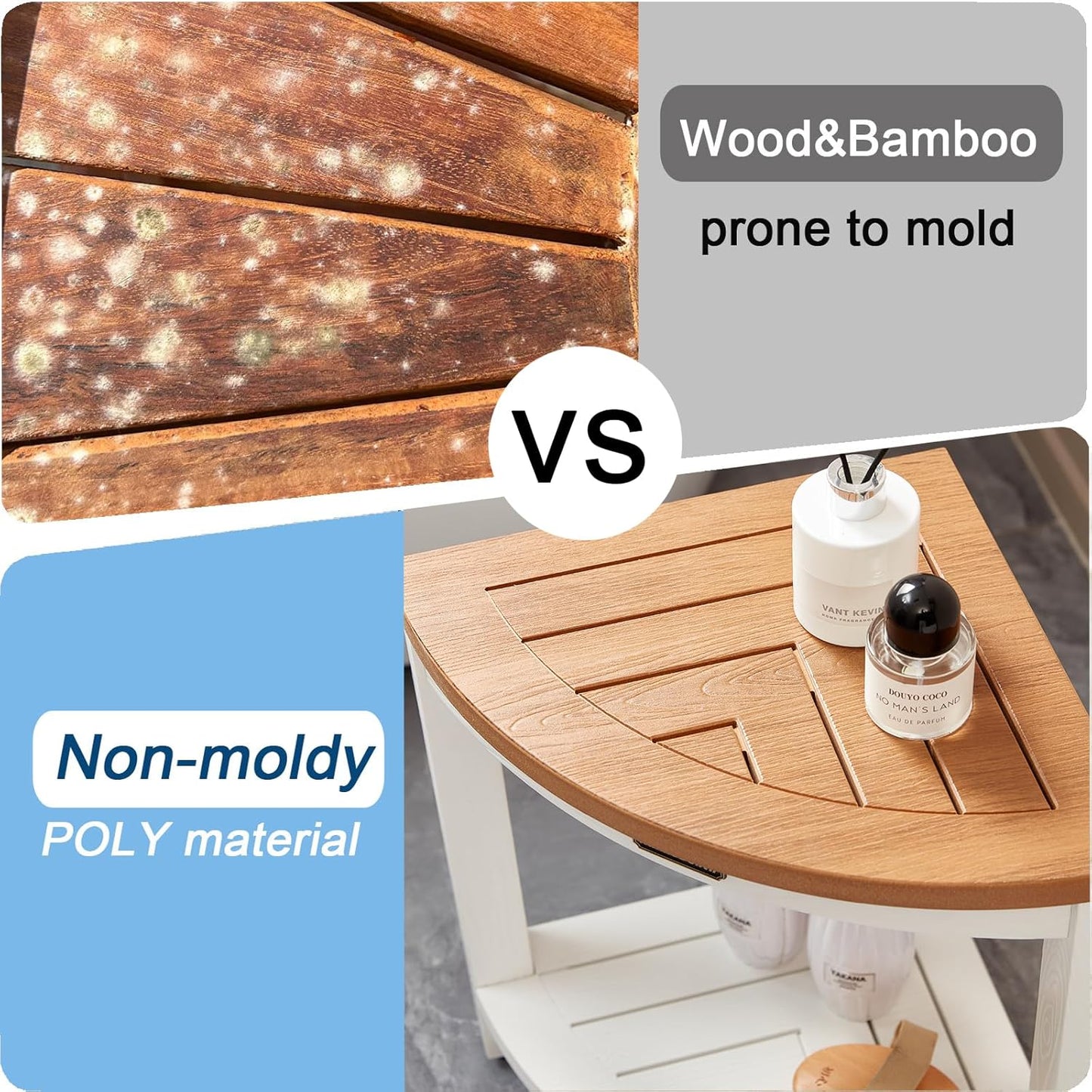 HDPS Corner Shower Stool for Shaving Leg, Waterproof Shower Bench Seat for Inside Shower, Poly Lumber Plastic Bath Shower Chair Seat, White+Brown, Weight Capacity 500LBS