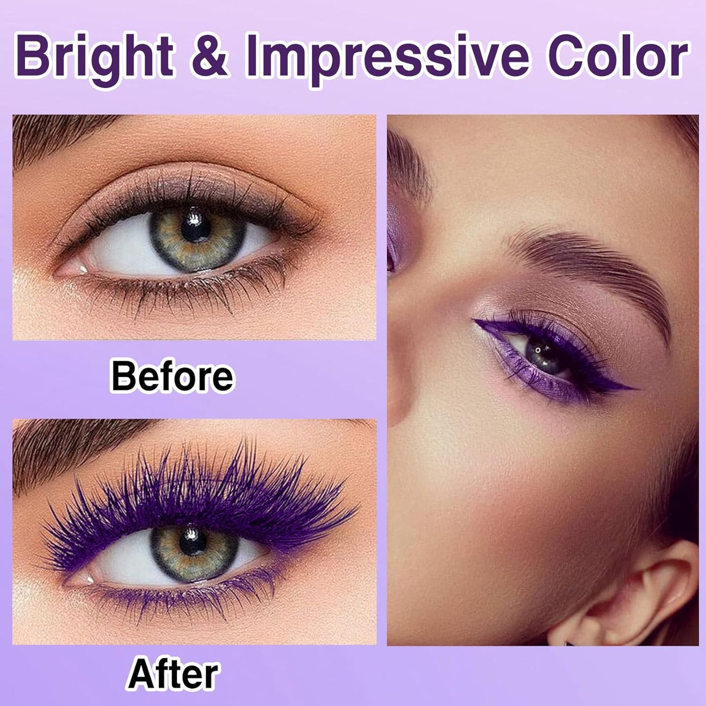 Purple Mascara and Eyeliner Set, 5D Colored Volume and Length Waterproof, Purple Mascara for Eyelashes, Natural Lengthening Curling, Suitable for All Skin Types