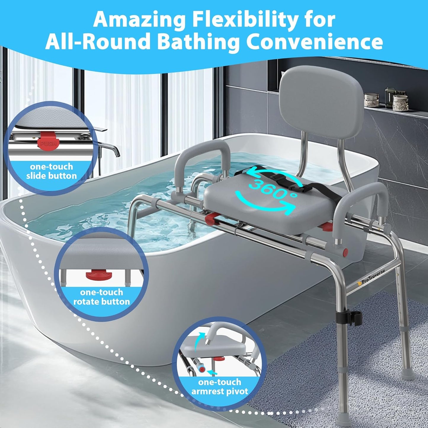 Sliding Shower Chair Tub Transfer Bench with 360°Swivel Seat,Anti-Slip Design,with Security Belt for Elderly and Disabled,Adjustable Height with one Touch Slide Button,Gray