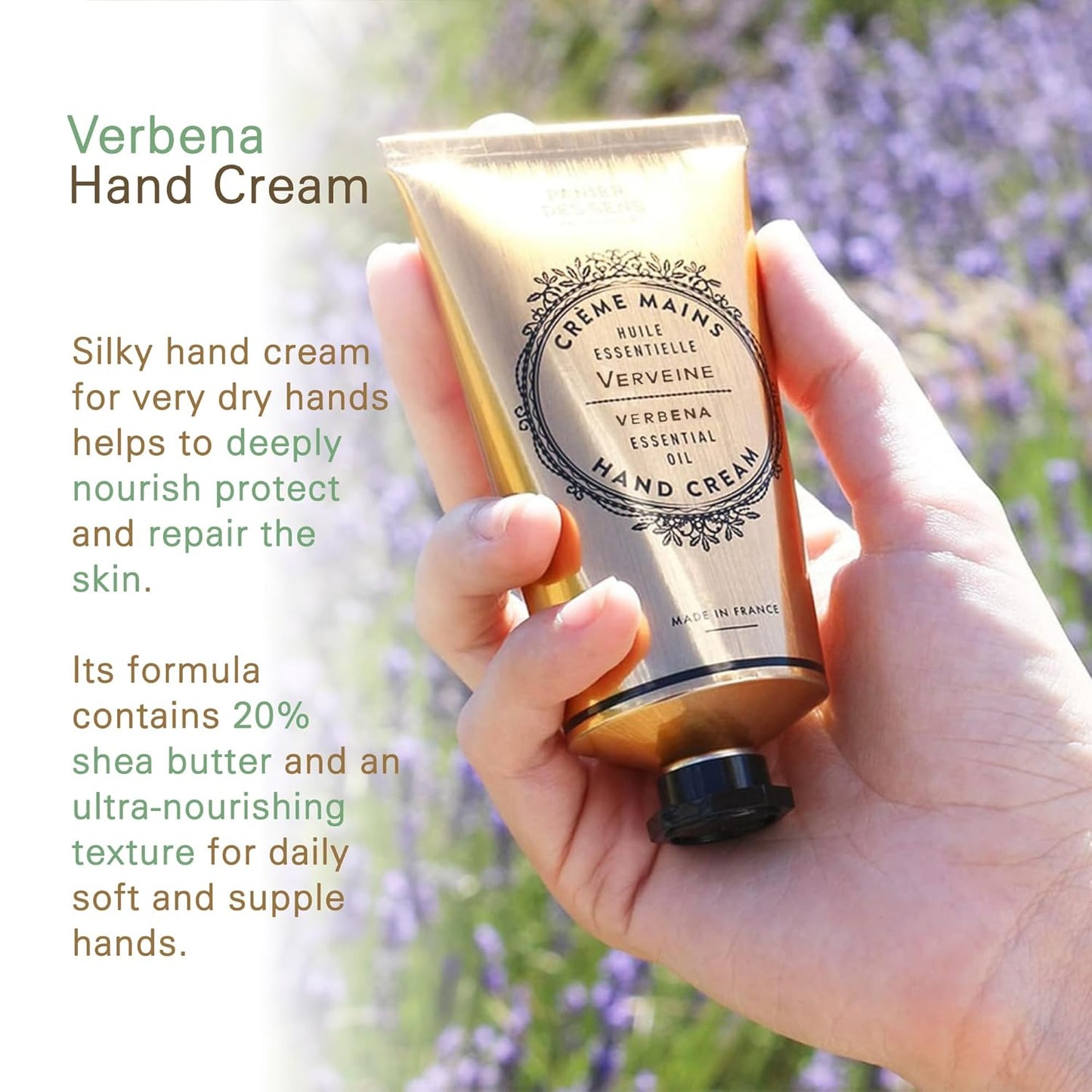 Panier des Sens - Hand Cream for Dry Cracked Hands - Verbena Hand Lotion with Shea Butter & Olive Oil - Vitamin E Skin Moisturizer with 97% Natural Ingredients - Made in France, 2.5 fl oz