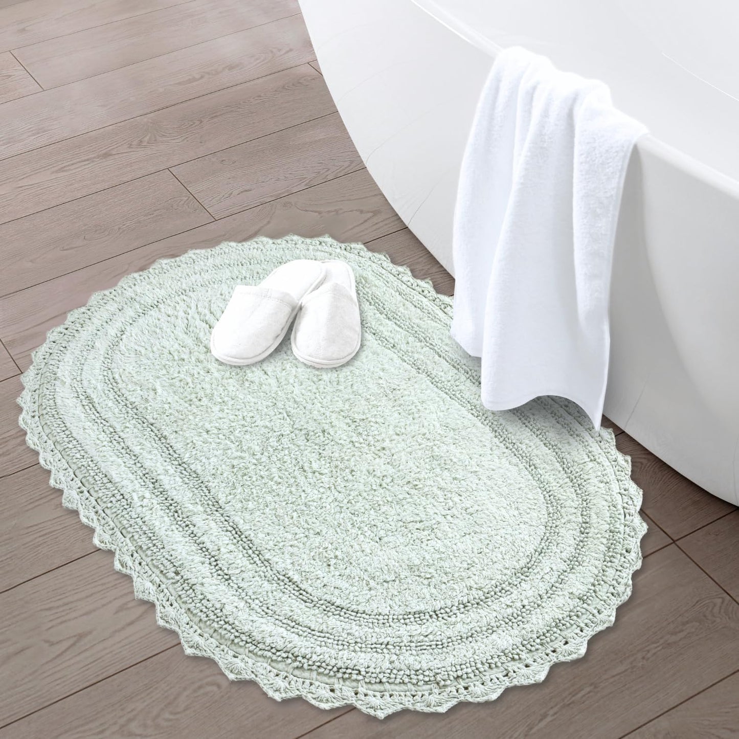 RAJRANG Meadow Mist Bathroom Rug with Crochet Pattern Cotton Absorbent Soft Reversible Boho Bath Mat Oval 24x17 Inches