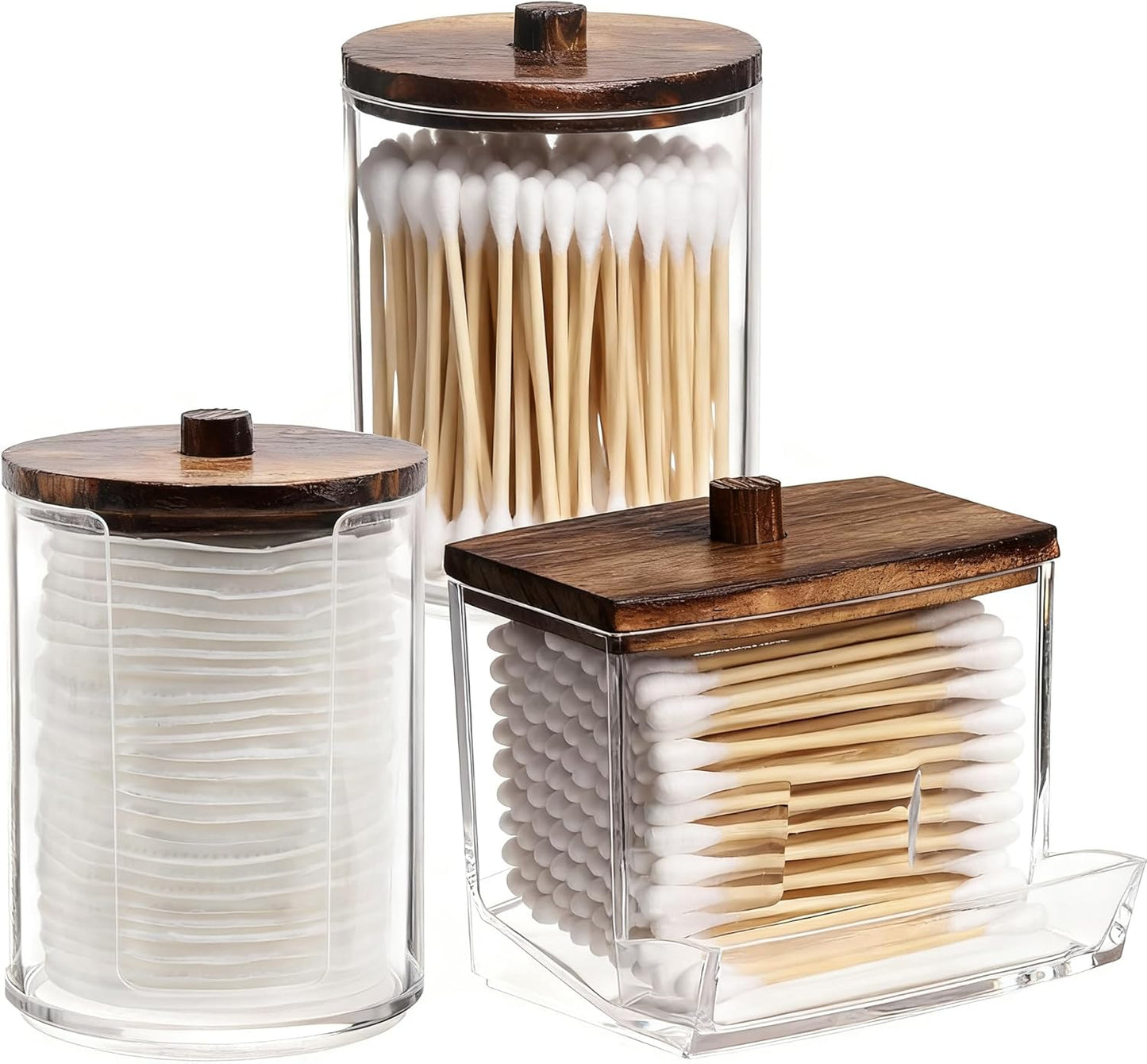 AXX Qtip Dispenser Apothecary Jars Bathroom - Qtip Holder Storage Canister Clear Plastic Jar for Cotton Swab,Q-Tips,Cotton Rounds (D#Brown 3Pcs)
