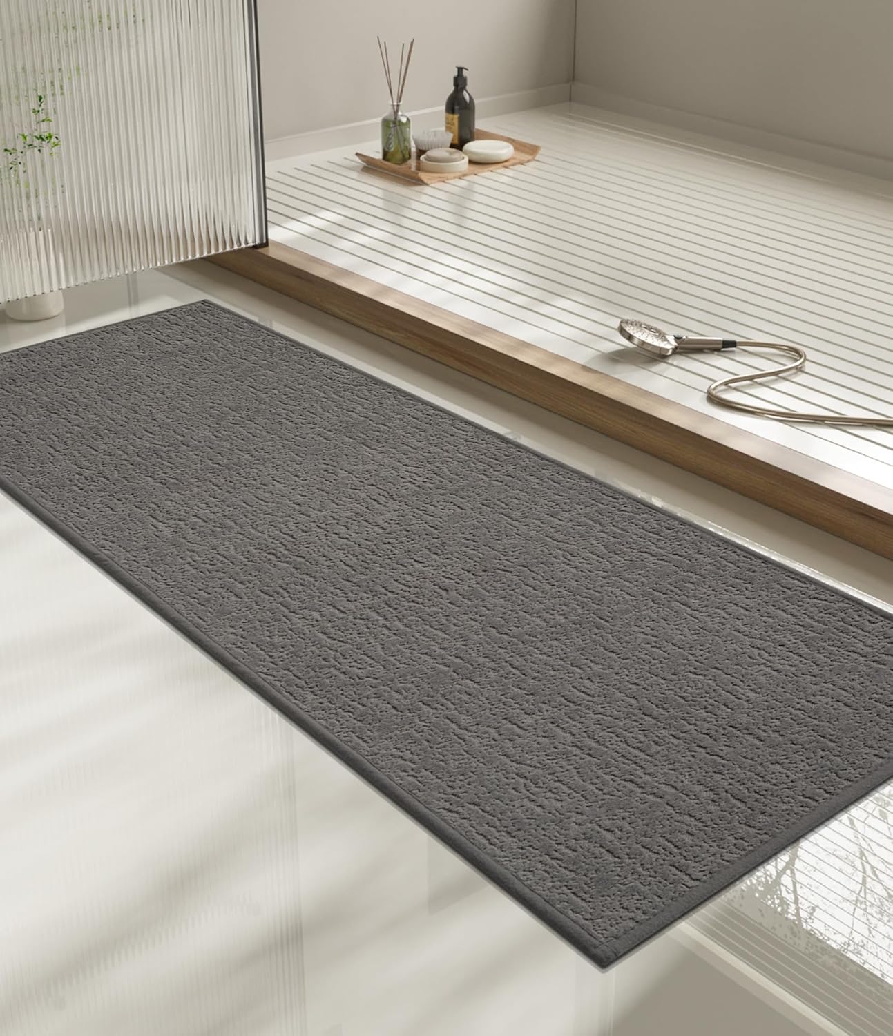 chakme Bathroom Rugs Mat 59x17, Ultra Thin Non Slip Bath Mat Quick Dry Absorbent Bath Mat for Bathroom Floor, (Dark Grey, 59"x17")