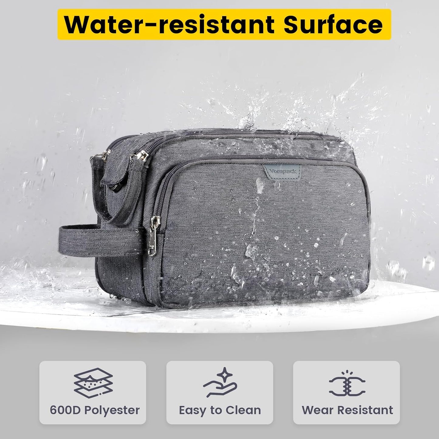 Vorspack Travel Toiletry Bag - Water Resistant Travel Bag for Toiletries, Cosmetics, Accessories, Gifts for Men - Grey