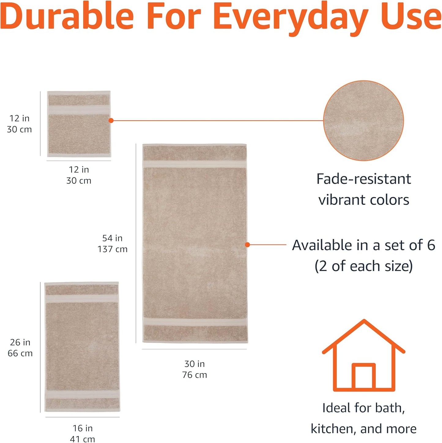 Amazon Basics Fade Resistant Bath, Hand and Washcloth Towel Set, 100% Cotton, Set of 6, 30 x 54 inches, Taupe