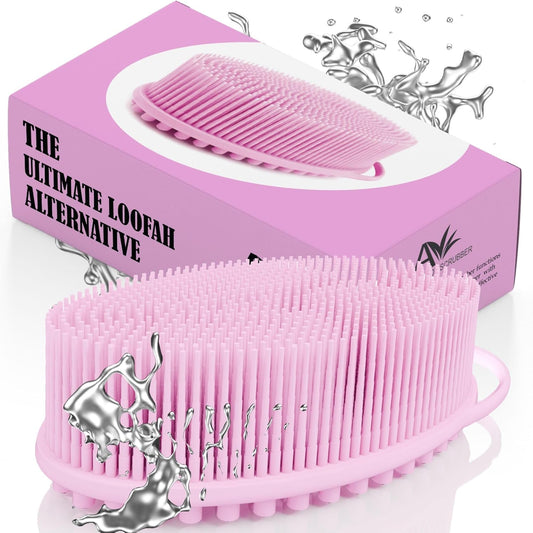 Avilana Silicone Body Scrubber - Food Grade & Lab Tested, Gentle Exfoliating Shower Brush for All Skin Types, Hygienic Quick-Dry Loofah Alternative (Pink, Massage-Silver)