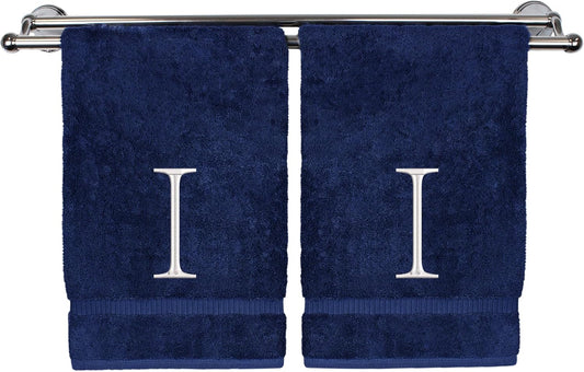 Monogrammed Hand Towel, Personalized Initial Gift, Extra Absorbent 100% Turkish Cotton - Soft Terry Finish - Set of 2 - White Block Initial I - Embroidered on Navy Blue Towels