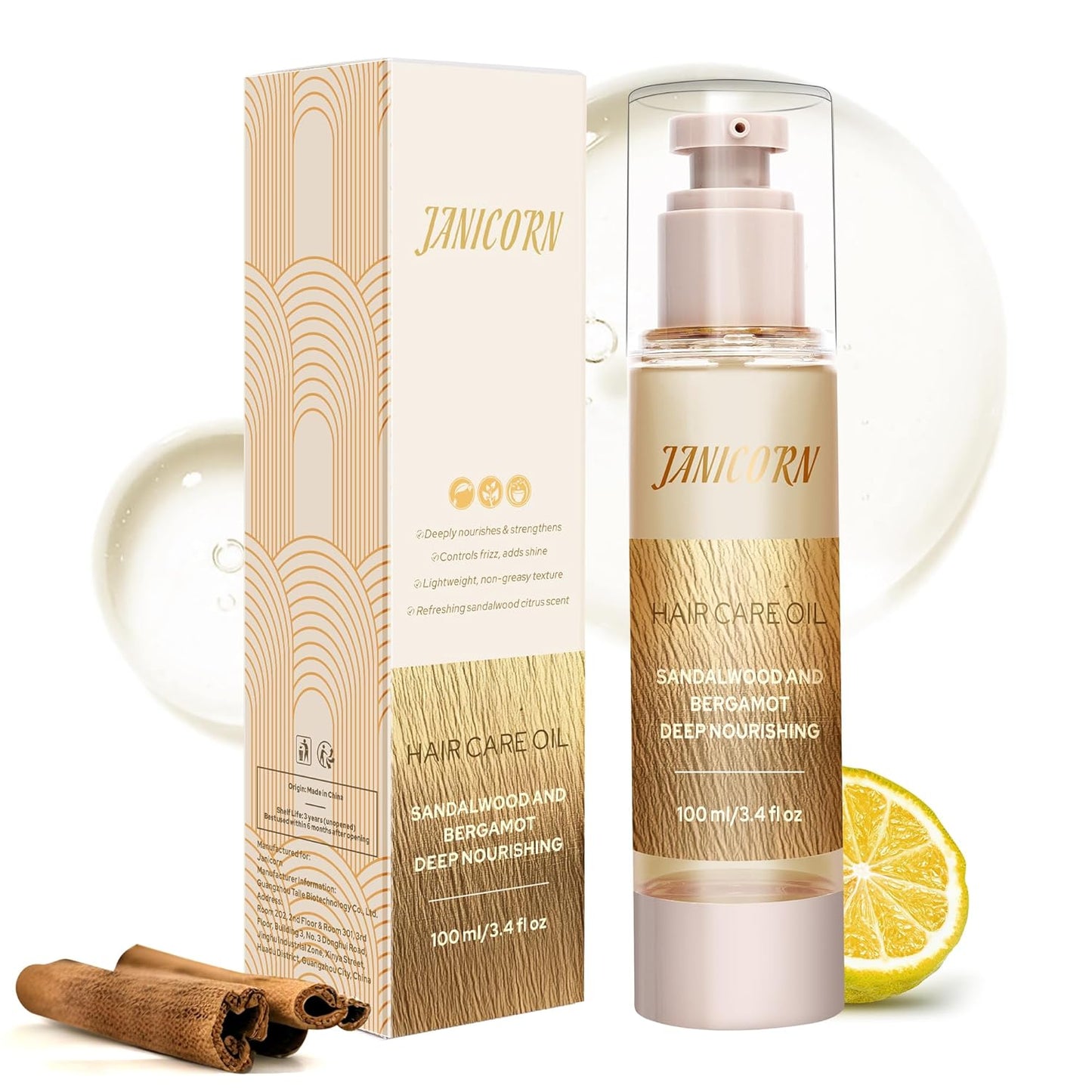 Leave-In Hair Oil with Sandalwood & Bergamot Essential Oils – Lightweight Frizz Control, Shine Enhancer & Heat Protection for Daily Hair Care – No-Rinse Oil, 3.4 fl oz (100ml)