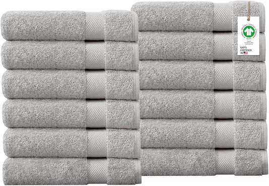 Delara 100% Organic Cotton Towels 650 GSM Plush Feather Touch Quick Dry Wash Cloth, Pack of 12 GOTS Certified, Oeko-Tex Green Certified, Organic Cotton Wash Cloth, 13"X13"