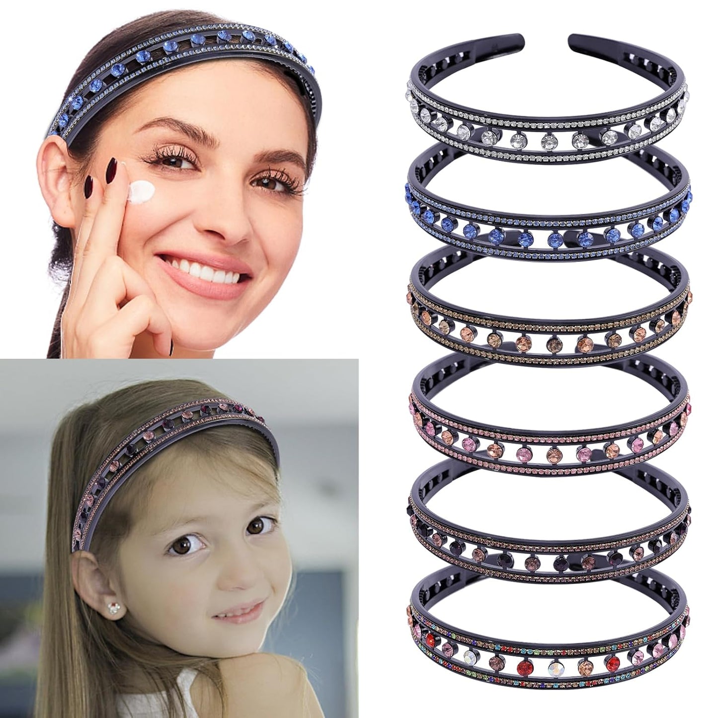 Plastic Rhinestone Headbands for Women,6PCS Sparkly Crystal Headband Non Slip Tooth Hair Bands Rhinestone Hair Hoop,Comfortable Daily Prom Party Head Accessories