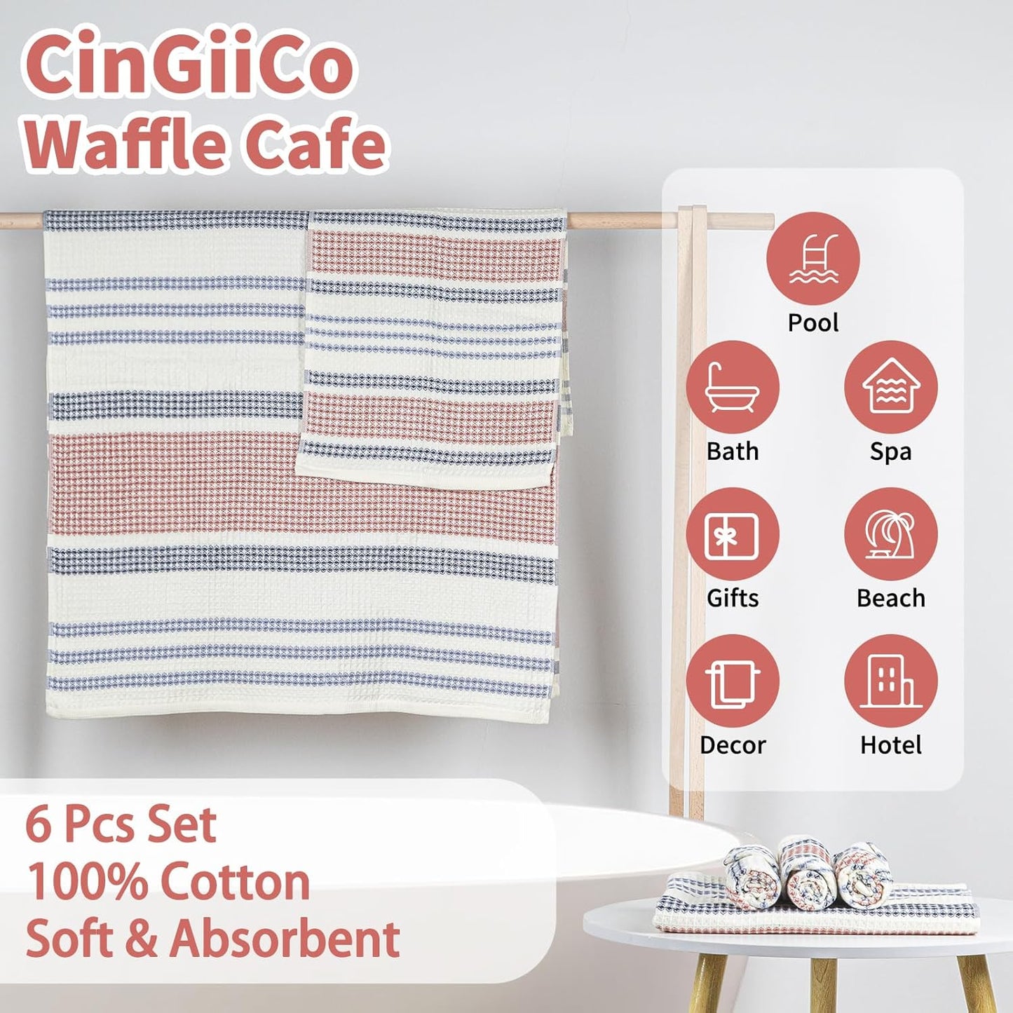 Bath Towels Set, Soft & Thick & Absorbent & Quick Dry, Hotel Towels for Bathroom Luxury, Beach Towel (Waffle Cafe, 2 Bath Towels+4 Hand Towels)