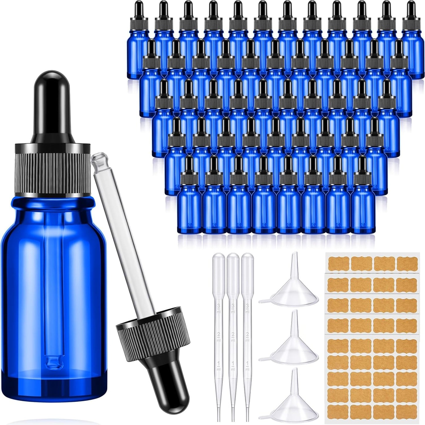 Lallisa 100 Pack Essential Oil Dropper Bottle 15 ml (1/2 Oz) Glass Dropper Bottles DIY for DIY Essential Oil Perfume with 5 Funnels 5 Pipettes 3ml 100 Labels for Bathrooms, Hotels, Labs (Blue)