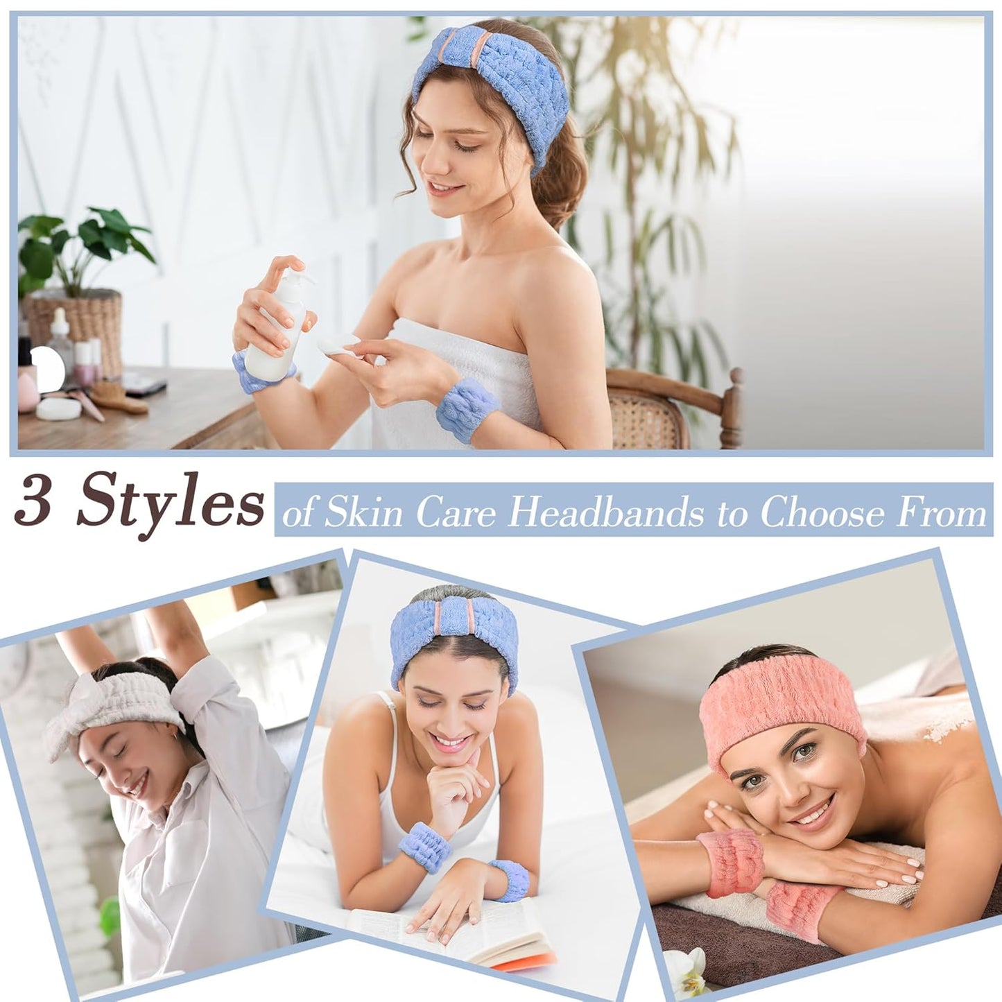 Spa Headband and Wristband Set - 3-Piece Skincare Headbands & 6-Piece Wrist Spa Wristbands for Women,Facial Hairbands for Washing Face, Makeup, Sports, Yoga, Headband for Washing Face