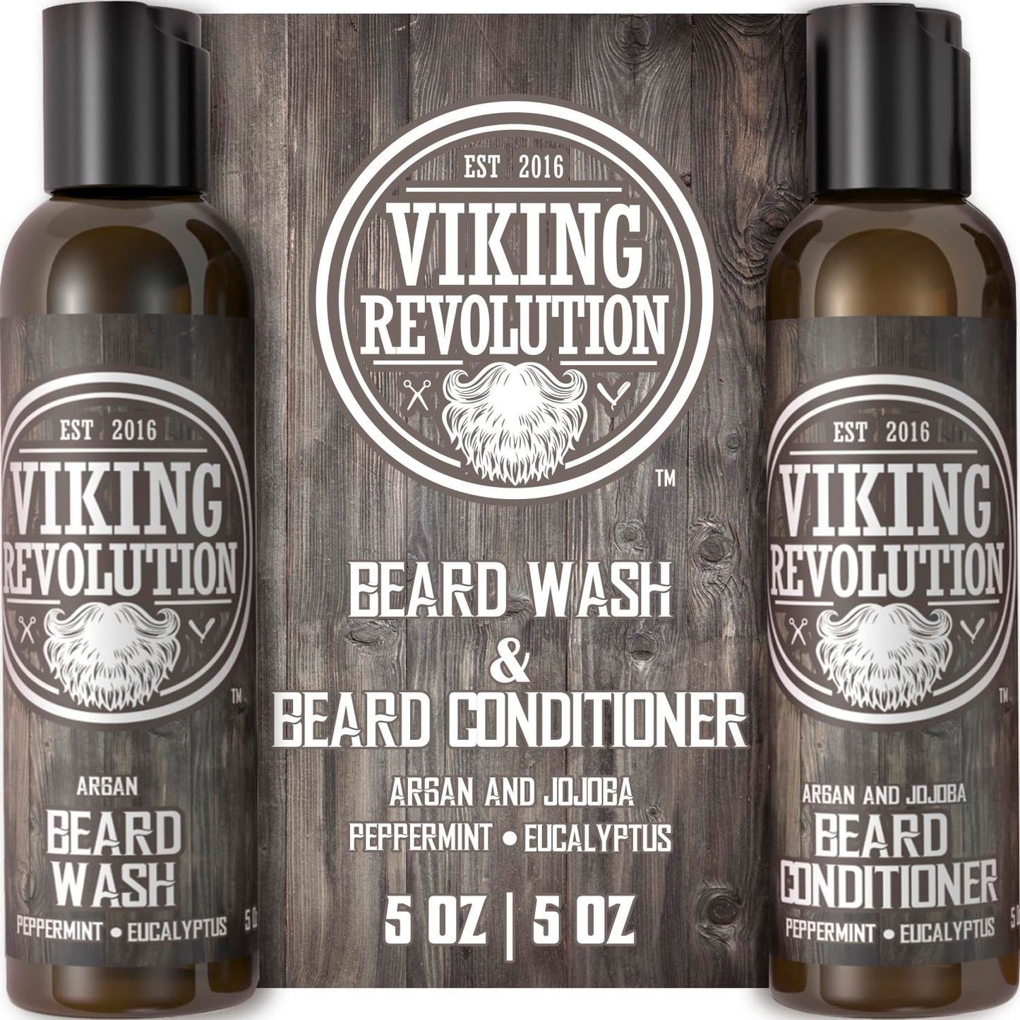Viking Revolution Beard Care Set with Argan & Jojoba Oils - Softens, Smooths & Nourishes Facial Hair Growth - Peppermint and Eucalyptus Scented Wash & Conditioner (5 oz)