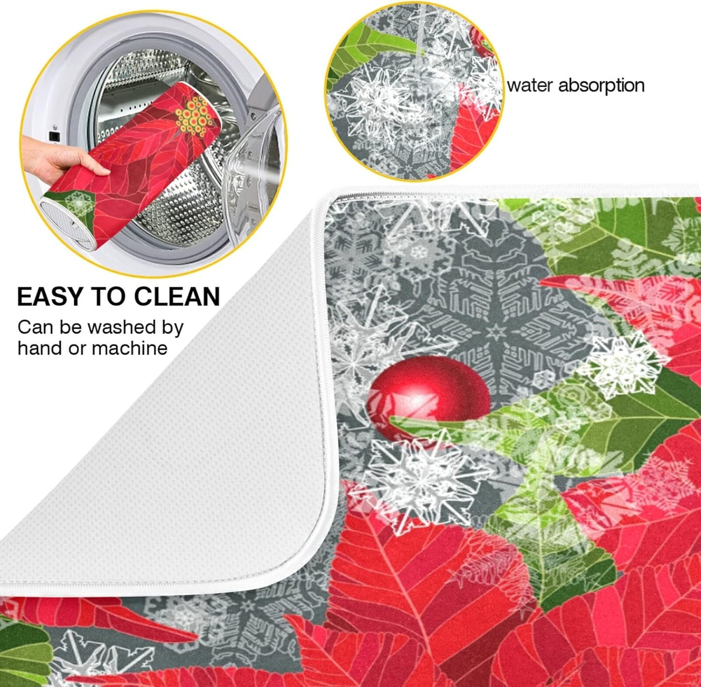 Dish Drying Mat for Kitchen Counter 18 x 16 Inch Happy Holidays Poinsettias Flower Christmas Microfiber Dish Mat Drying Pad Absorbent Dishes Pad Dish Drainer Rack Mats