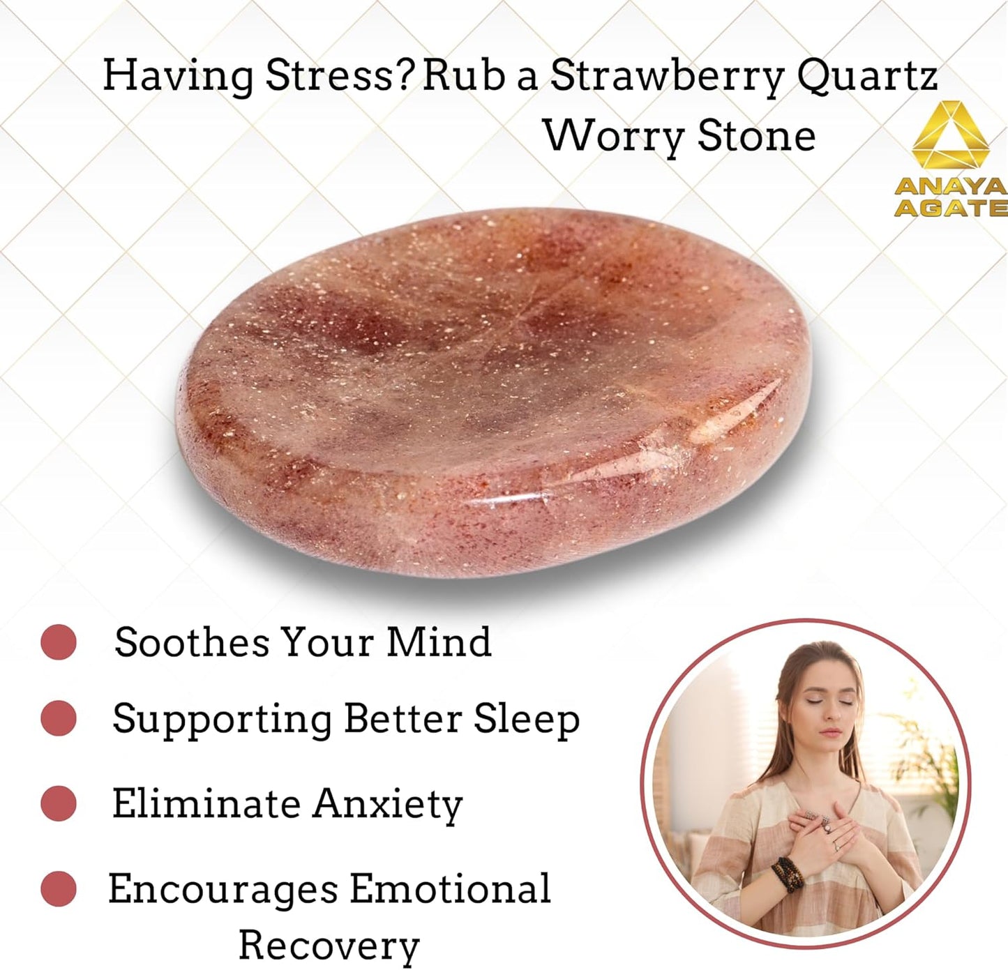 Strawberry Quartz Worry Stones – Crystal Thumb Worry Stone for Anguish, Stress – Relaxing and Soothing Balance Stones for Meditation, Stress Relief – Healing Stones and Crystals for Men and Women