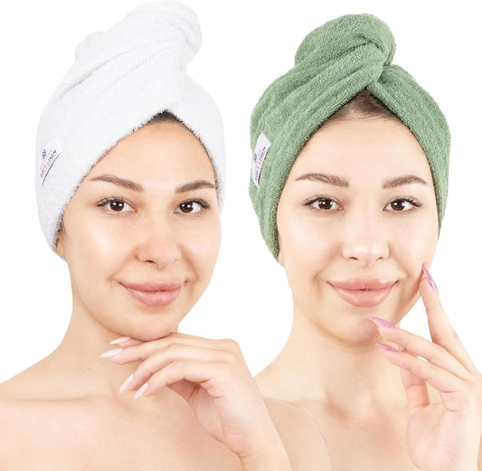 American Soft Linen 100% Cotton Hair Towels for Women, Head Towel Cap, Cotton Hair Turban Towel Wrap for Hair, Soft and Absorbent Cotton Hair Towels 2 Pack, White-Sage Green