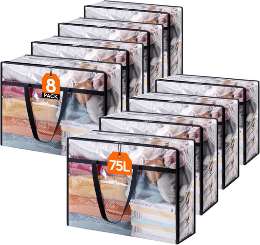 Lifewit 8 Pack Clear Clothes Storage Bags, 75L Large Plastic Blanket Storage, Vinyl Foldable Moving Bags with Zipper, Closet Organizers Containers for Comforter, Bedding, Duvet, Pillow
