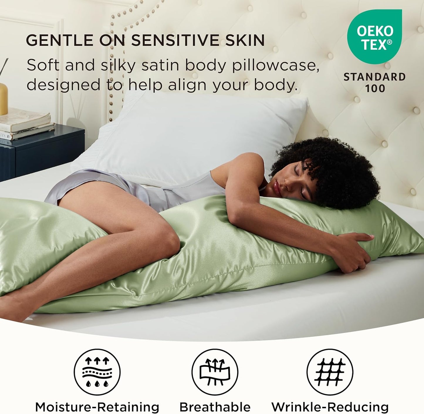 Bedsure Body Pillow Cover 20x54 Inches - Sage Green Satin Similar to Silk Pillowcase for Hair and Skin, Cooling and Silky Long Body Pillow Pillowcase with Envelope Closure, Gifts for Women Men