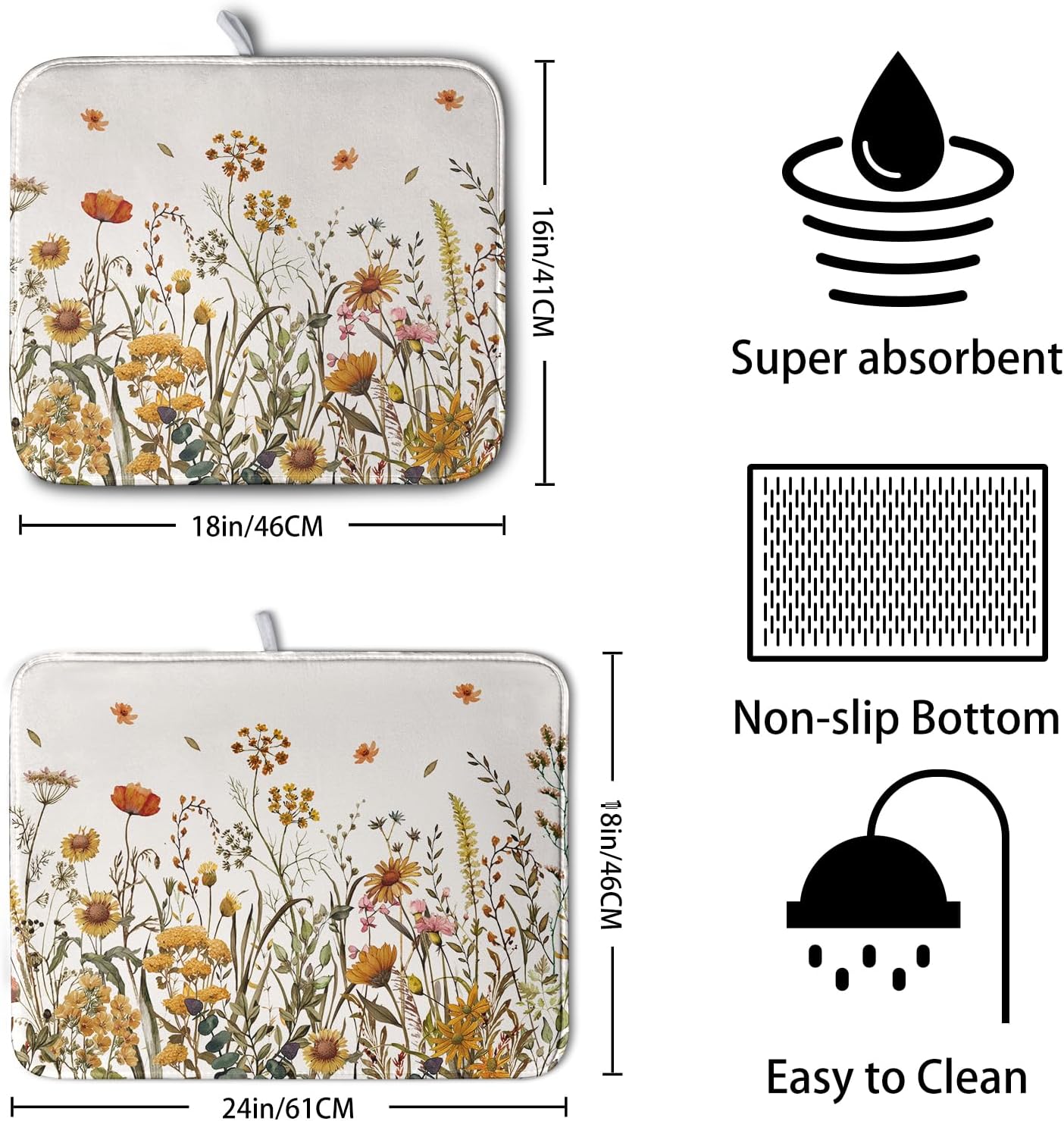 Fall Floral Dish Drying Mat for Kitchen Counter Autumn Burnt Orange Wild Flowers Dish Draining Mat Absorbent Microfiber Dishes Pad Washable Dish Drainer Rack Mat Large 18"x24"