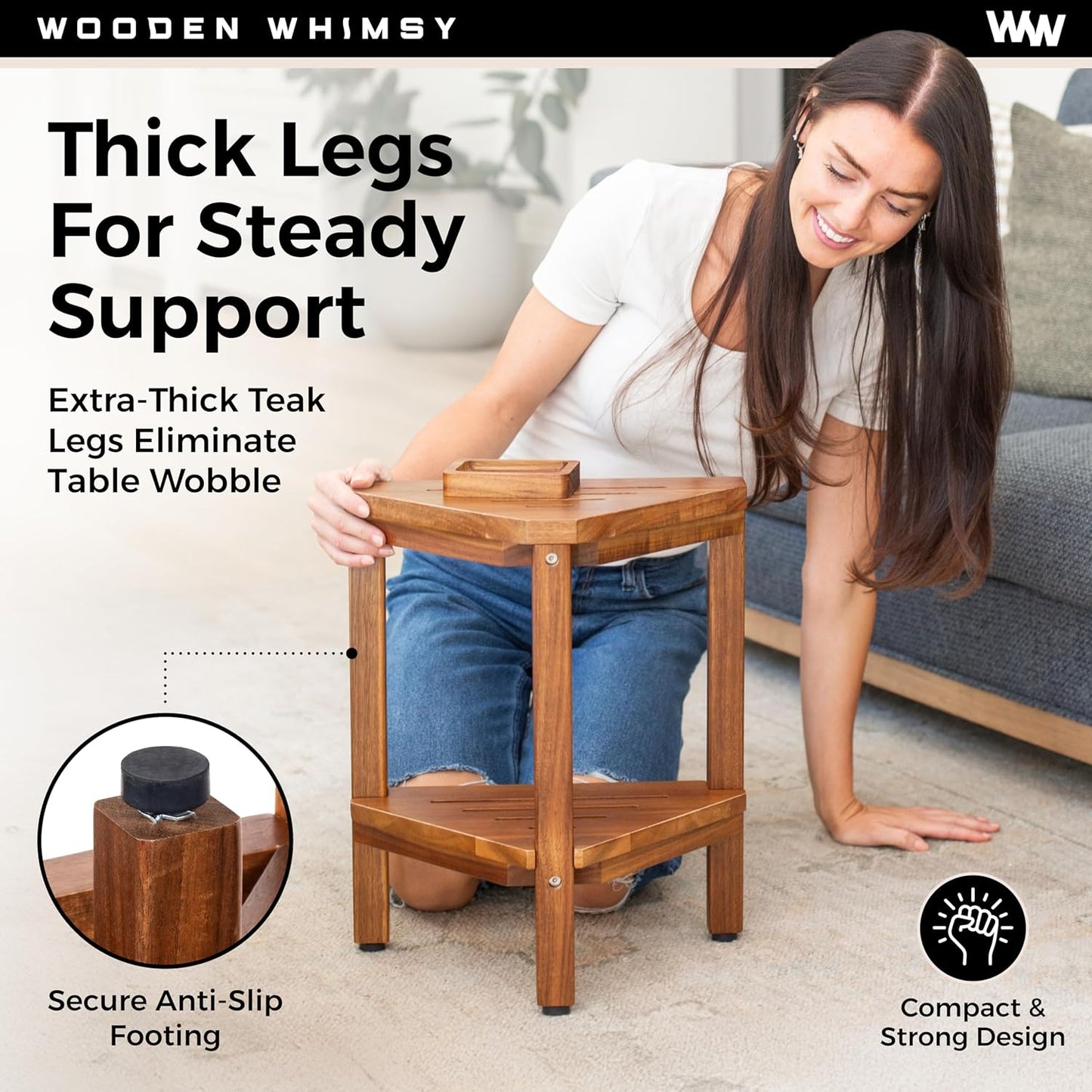 Teak Corner Shower Bench with Matching Soap Holder - Sturdy Waterproof Bathroom Stool Chair with Storage Shelf for Bathing Supplies - Bath Seat and Foot Rest for Shaving Legs - 15" x 15" x 18"