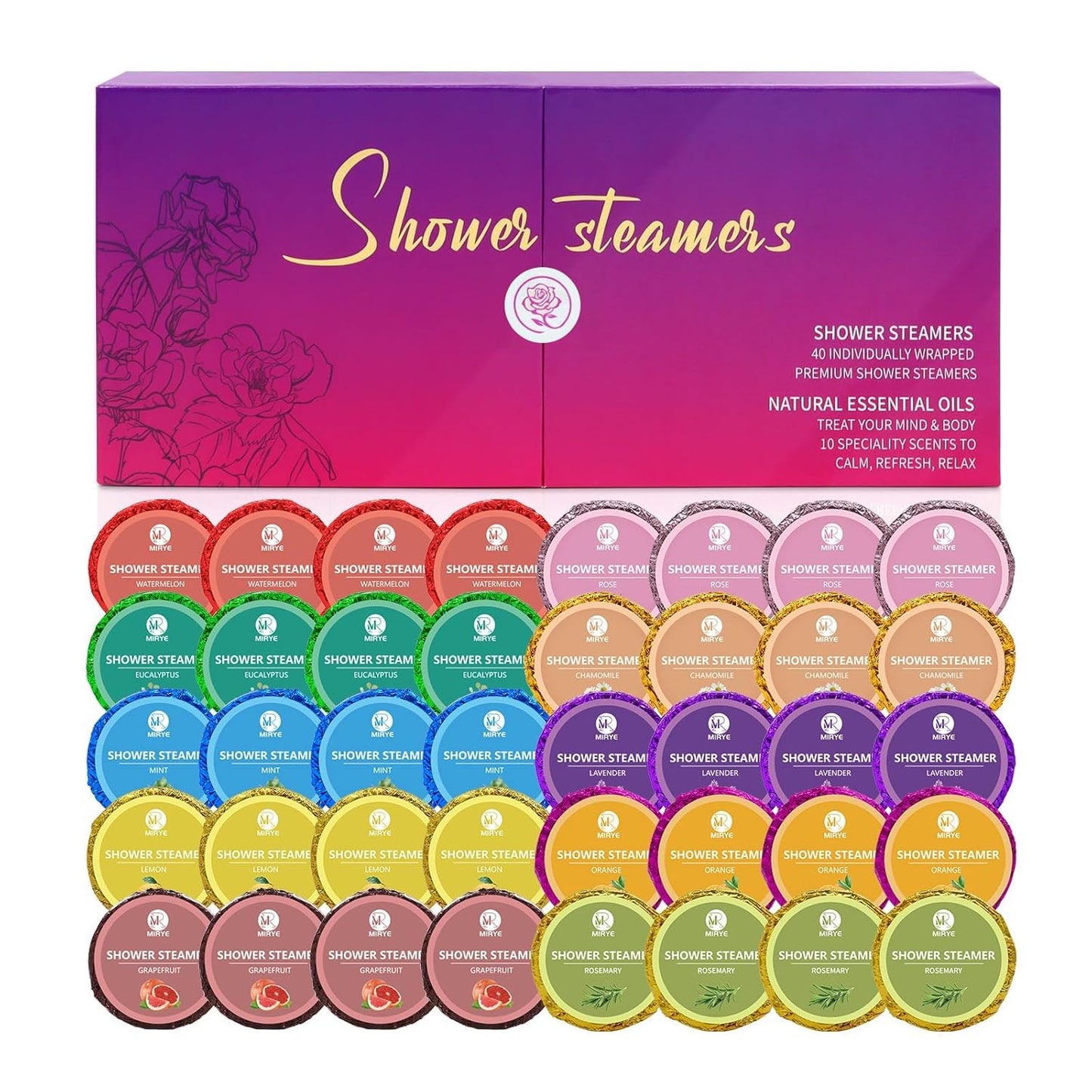 40 PCS Shower Steamers Aromatherapy for Women or Men, 10 Scents Organic with Rose Lavender Mint Watermelon Eucalyptus Lemon Rosemary Grapefruit, Shower Bombs Spa Birthday Gifts for Her Him