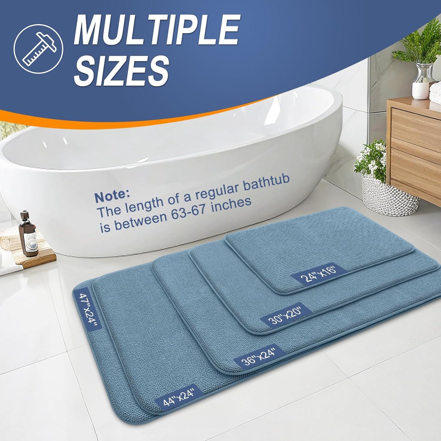 OLANLY Thick Memory Foam Bath Mat Rug 24x16, Extra Soft Absorbent Bathroom Rug, Quick Dry Bath Mats, Non-Slip, Machine Washable Carpet for Bathroom, Tub and Shower, Home Decor Accessories, Airy Blue