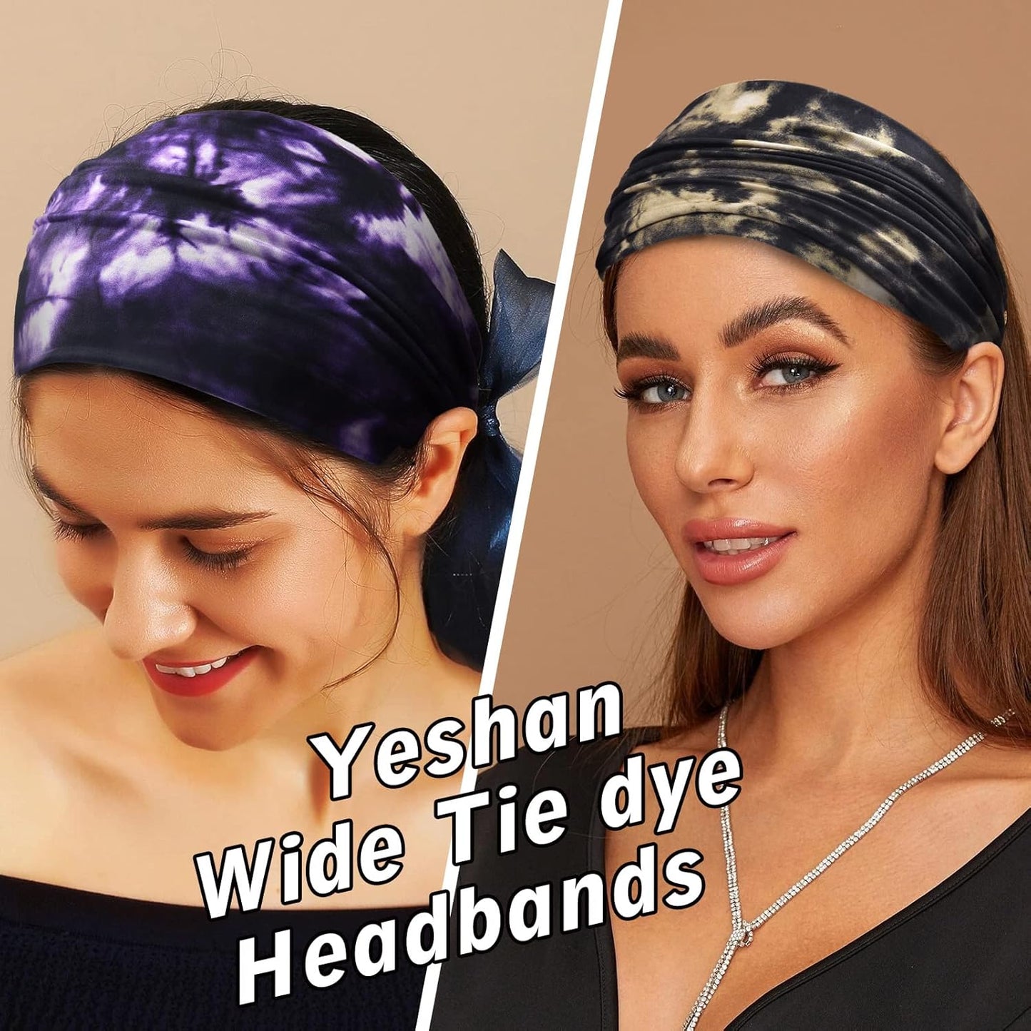 Yeshan Wide Non Slip Boho Elastic Tie Dye Headbands - Yoga Workout Sweat Bands Running Sport Hair Bands, Pack of 6