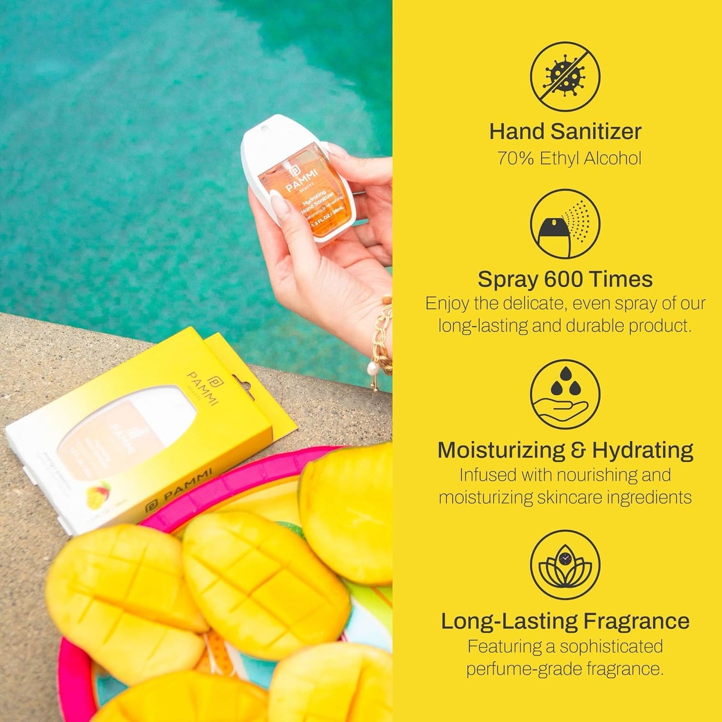PAMMI Power Mist Hydrating Hand Sanitizer Spray, Portable Travel Size Pocket Hand Sanitizer, Scented Handsanitizer Mini Spray For Car - 600 Sprays (2 Packs (Mango))
