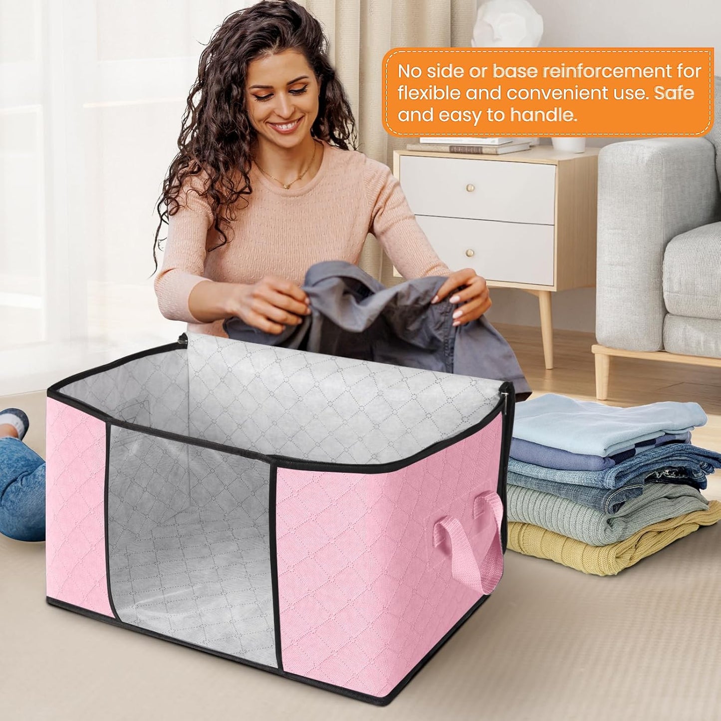 Fab totes 6 Pack Clothes Storage, Foldable Thick Fabric Blanket Storage Bags, Containers for Organizing Bedroom, Closet, Clothing, Comforter, Organization with Handle,Pink