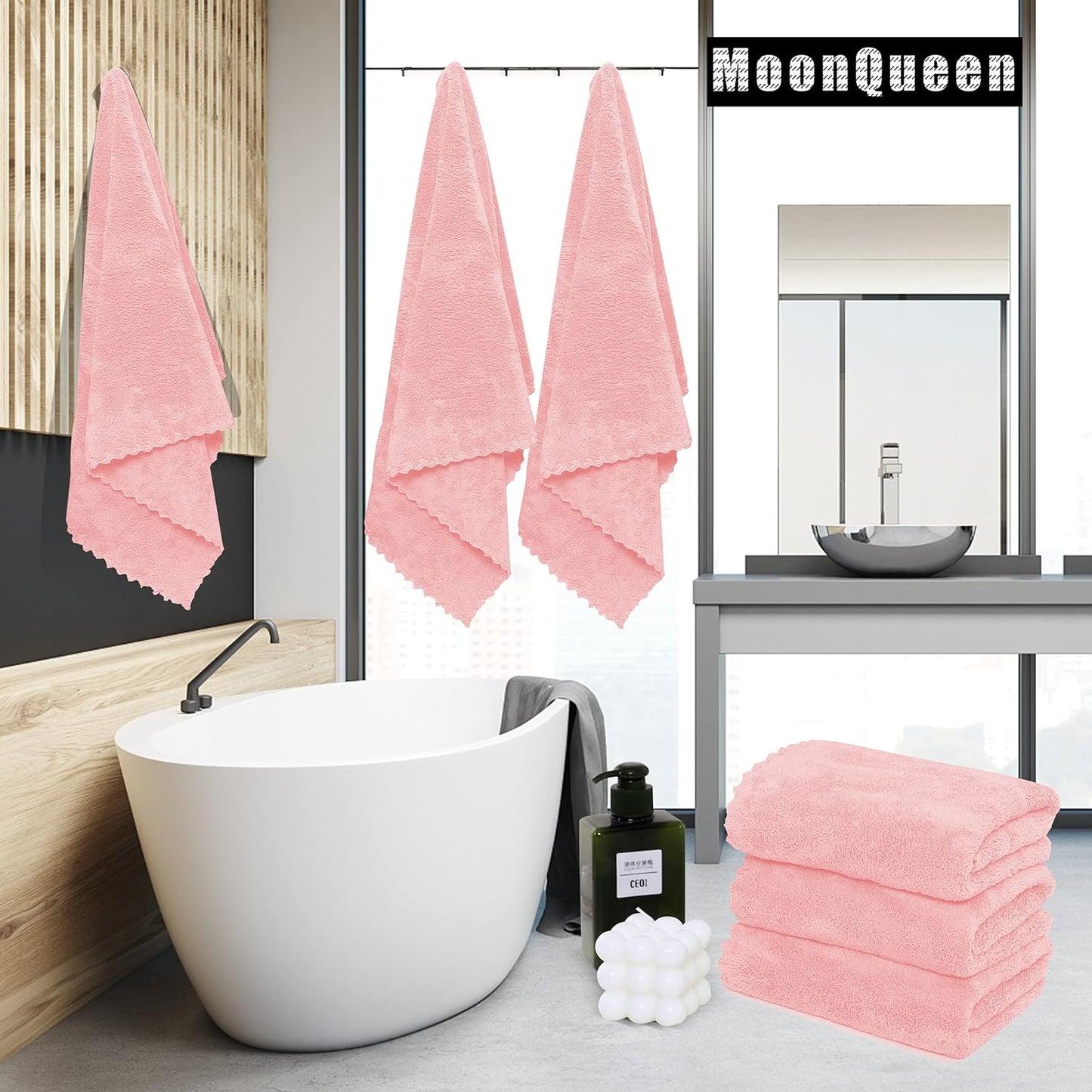 MOONQUEEN 6 Pack Premium Bath Towel Set - Quick Drying - Microfiber Coral Velvet Highly Absorbent Towels - Multipurpose Use as Bath Fitness, Bathroom, Shower, Sports, Yoga Towel (Pink)