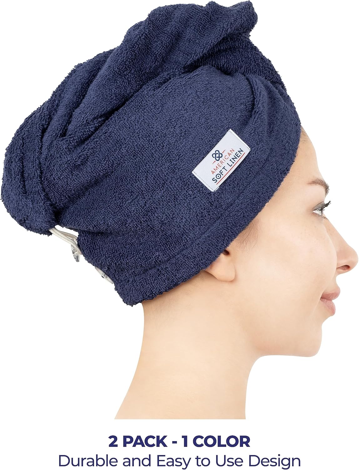 American Soft Linen 100% Cotton Hair Towels for Women, Head Towel Cap, Cotton Hair Turban Towel Wrap for Long Curly Anti Frizz Hair, Soft and Absorbent Cotton Hair Towels 2 Pack, Navy Blue