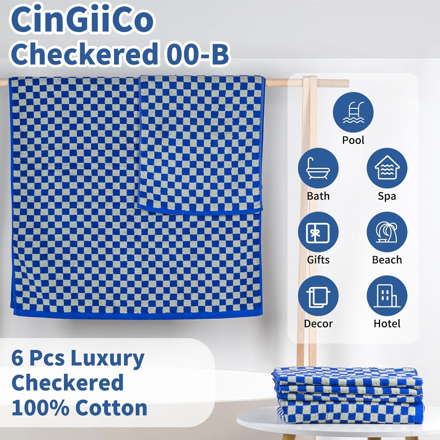 Checkered Bath Towels Set of 6 Large, 520GSM, 100% Cotton Shower Towels * 2 (55.12"*27.56"), Hand Towels * 4 (29.52"*13.77"),Towels for Bathroom、Pool、Hotel, Spa, Soft Absorbent（Midnight Blue