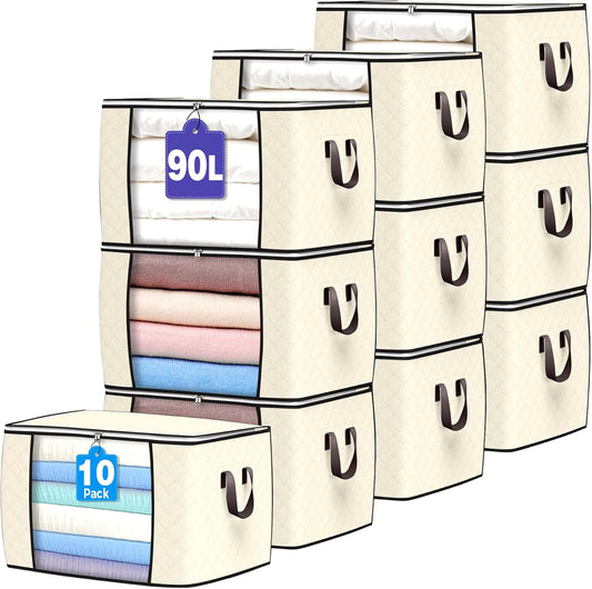 Budding Joy 90 L Large Storage Bags, 10 Pack Clothes Storage Bins Foldable Closet Organizers Storage Containers with Reinforced Handle for Clothing, Blanket, Comforters, Bed Sheets, Pillows (Beige)