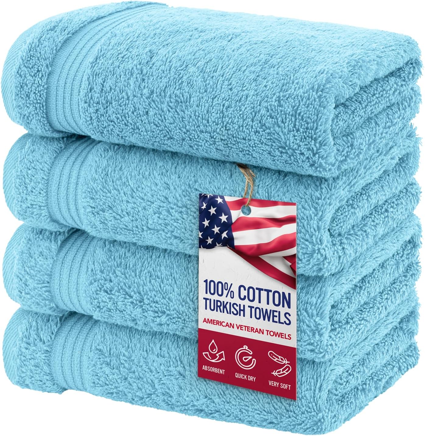 American Veteran Towel, Hand Towels for Bathroom Set of 4, 100% Cotton Turkish Hand Towel Sets, Soft Hand Face Towels, Sky Blue Hand Towels